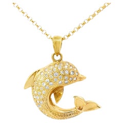 Diamant-Halskette mit Delphin aus 14k Gelbgold