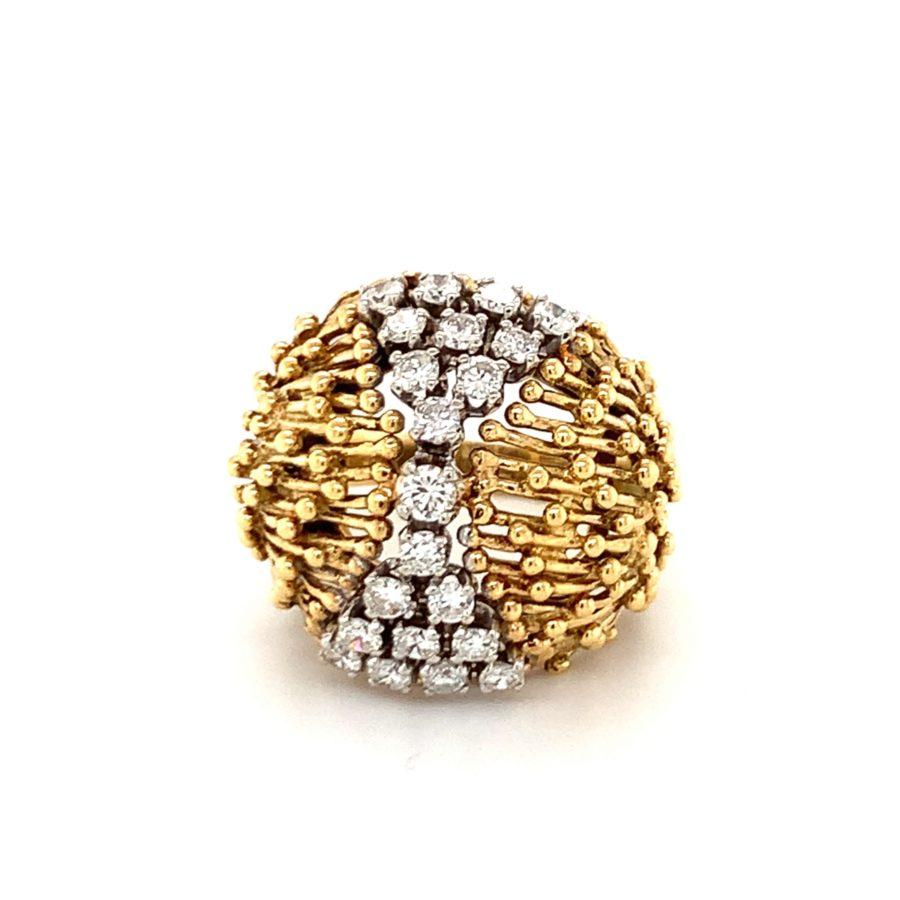 One diamond dome 18K yellow gold ring featuring wire and gold beaded design centering 21 round brilliant cut diamonds with an approximate total weight of 1.35 ct. With French hallmarks.

Intricate, stylish, lovely.

Additional information:
Metal: