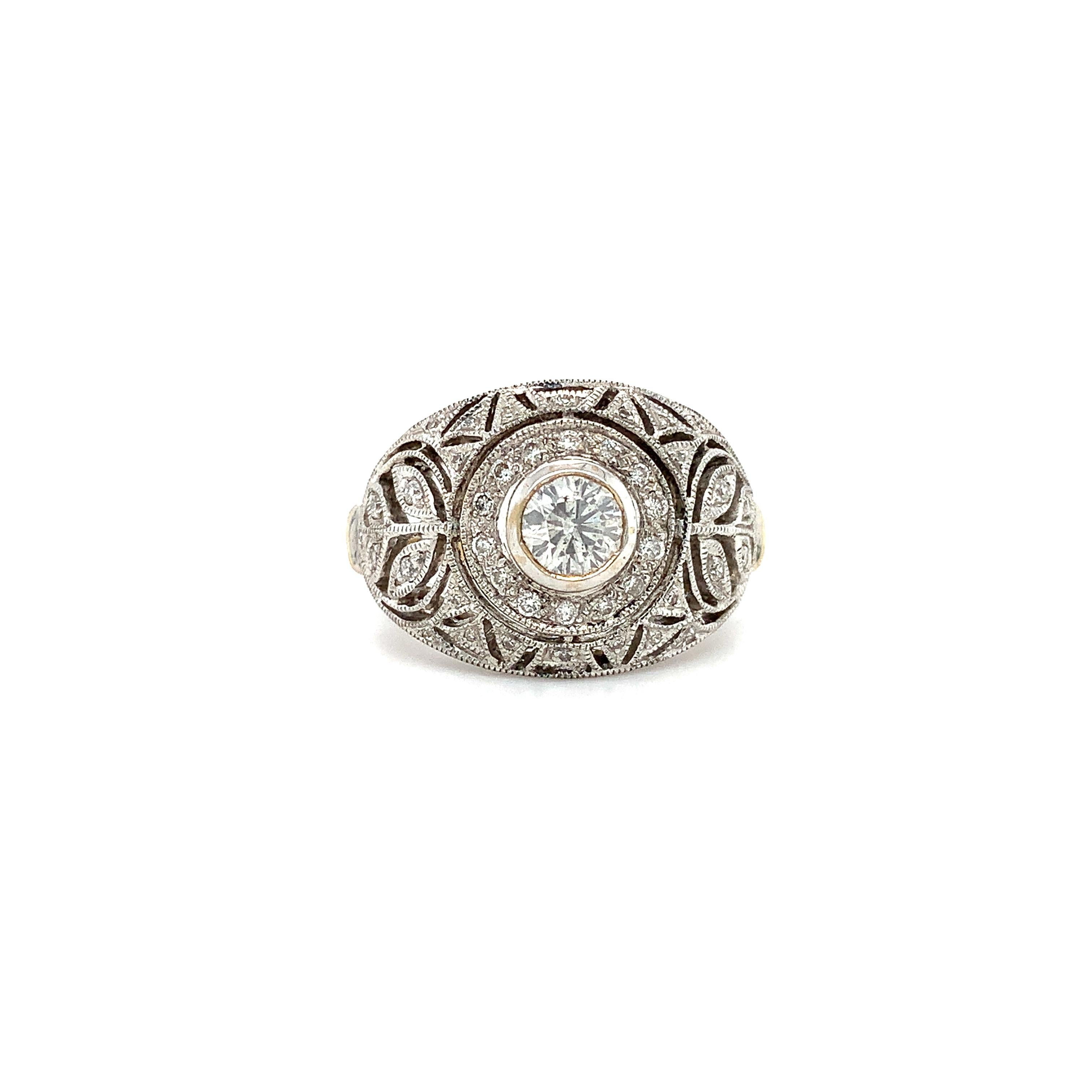 Round Cut Diamond dome antique engagement ring in 18k white gold For Sale
