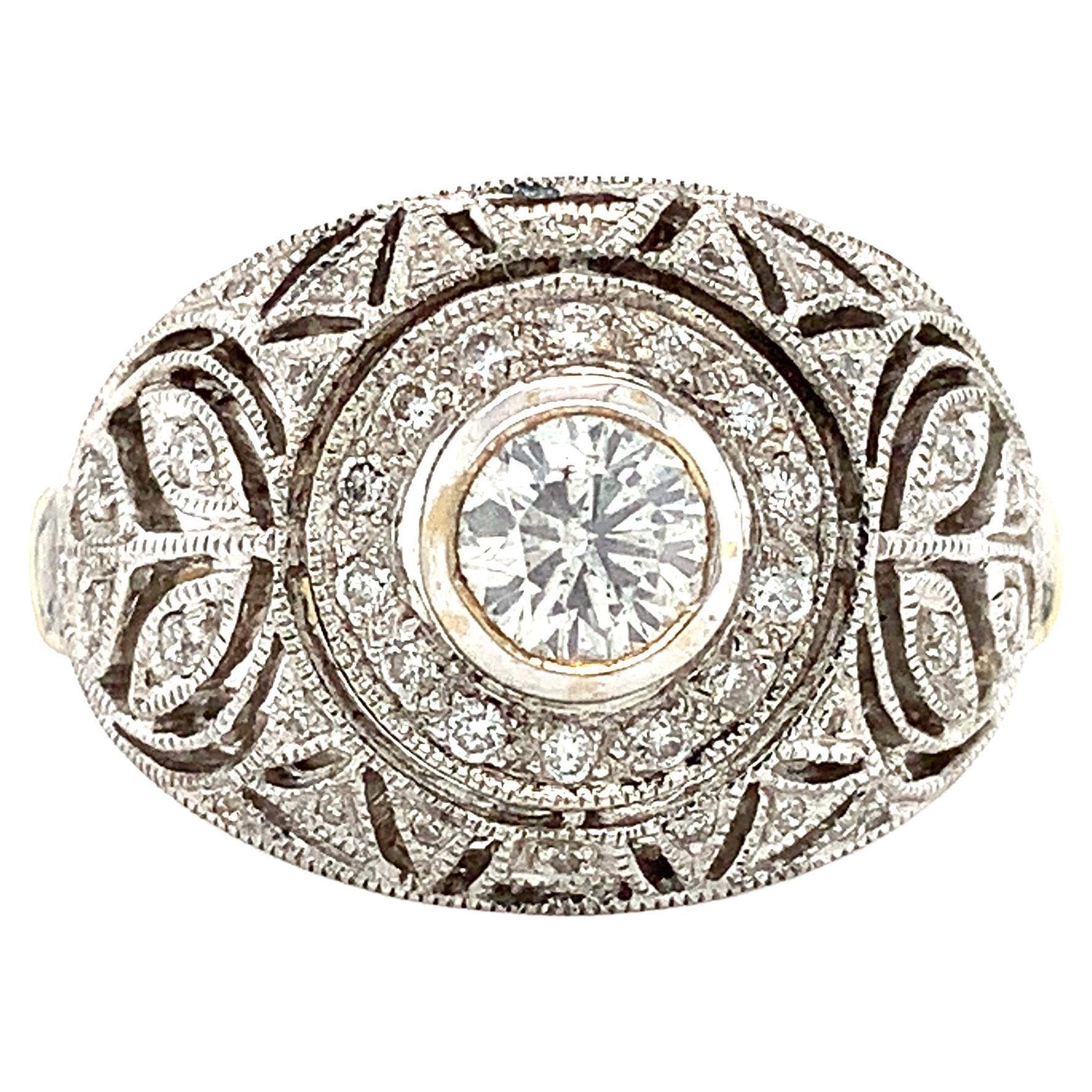 Diamond dome antique engagement ring in 18k white gold