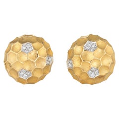 Diamond Dome Honeycomb Clip Earrings Vintage 18 Karat Gold Estate Fine Jewelry