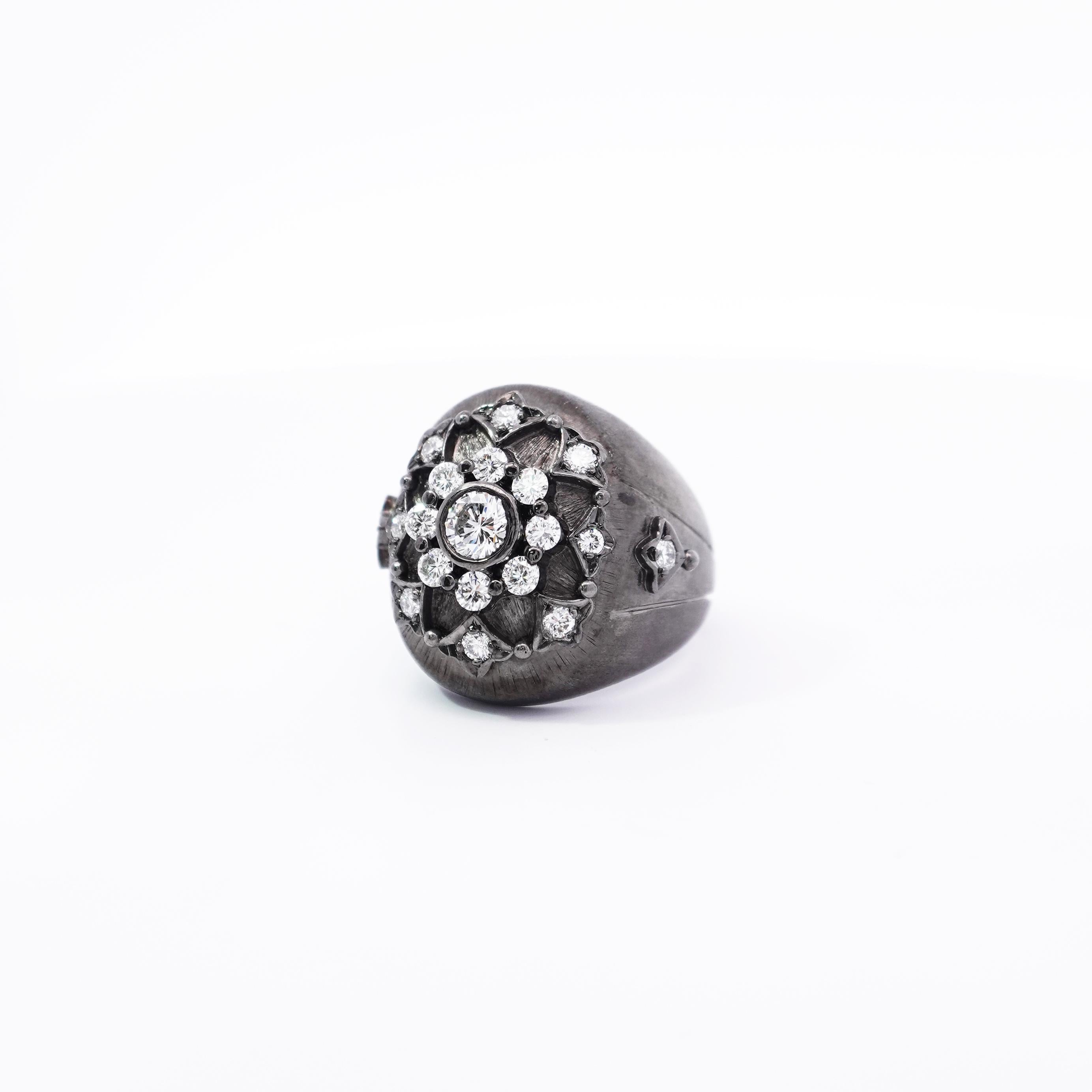 Bold and brilliant, this diamond dome ring features beautiful brushed metal details and collection grade diamonds, designed and handcrafted by Hong Kong's renowned private jewellery house. Inspired by mid-century modern and baroque design eras, this