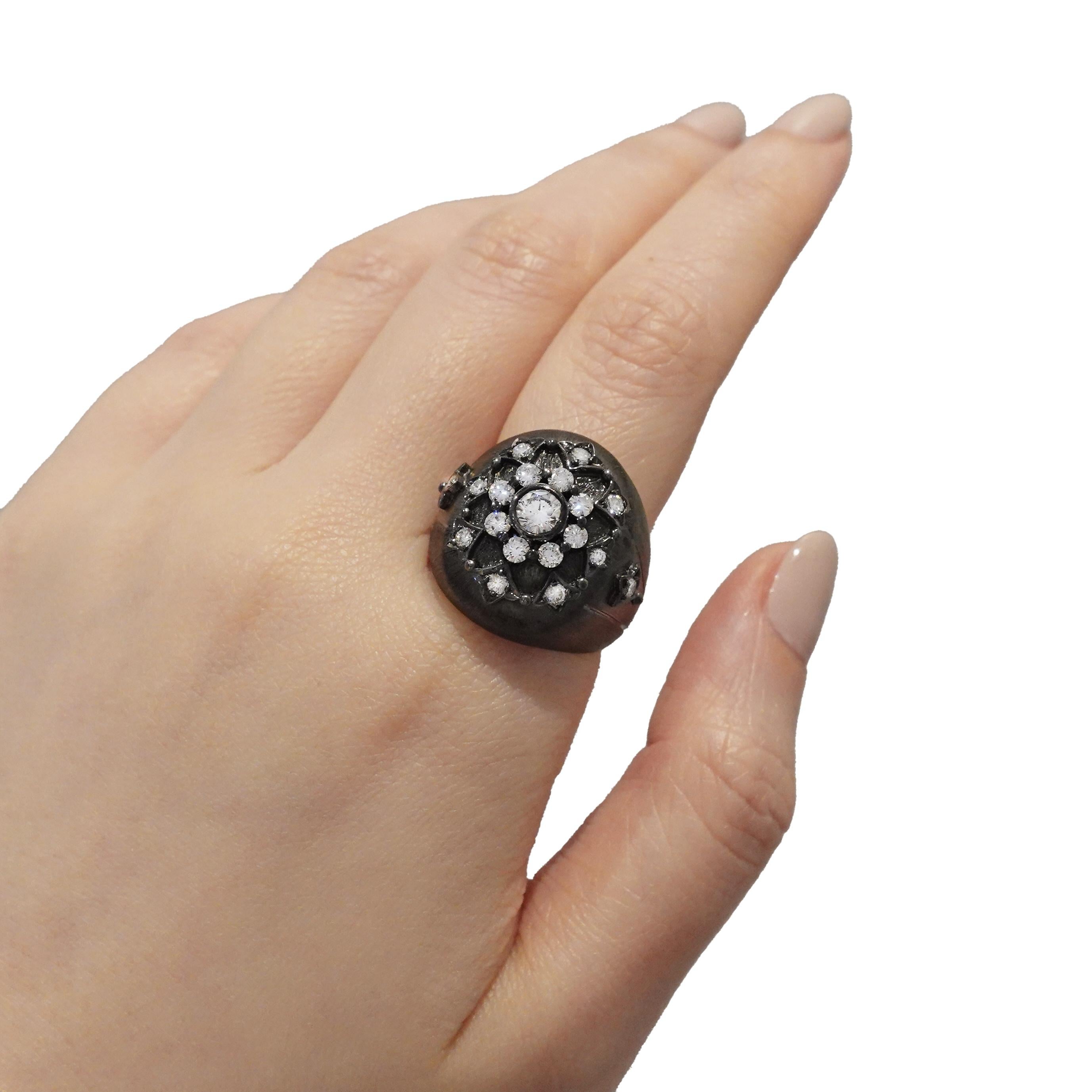 Baroque Diamond Dome Ring in 18K Blackened Gold by Dilys' For Sale