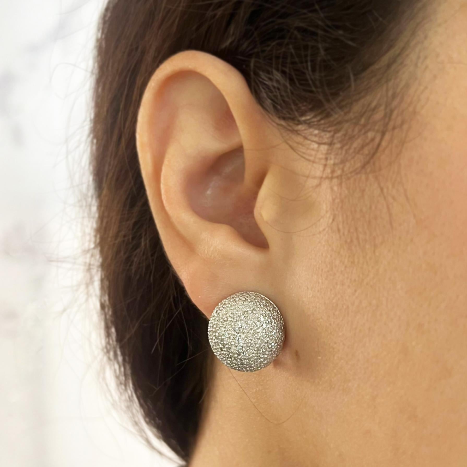 14 Karat White Gold Pave 16.5mm Dome Earrings Featuring 484 Single Cut Diamonds of VS Clarity and G/H Color Totaling Approximately 2.00 Carats. Pierced Post with Omega Clip Back. Post Removed Upon Request Prior to Shipping. Finished Weight is 8.6