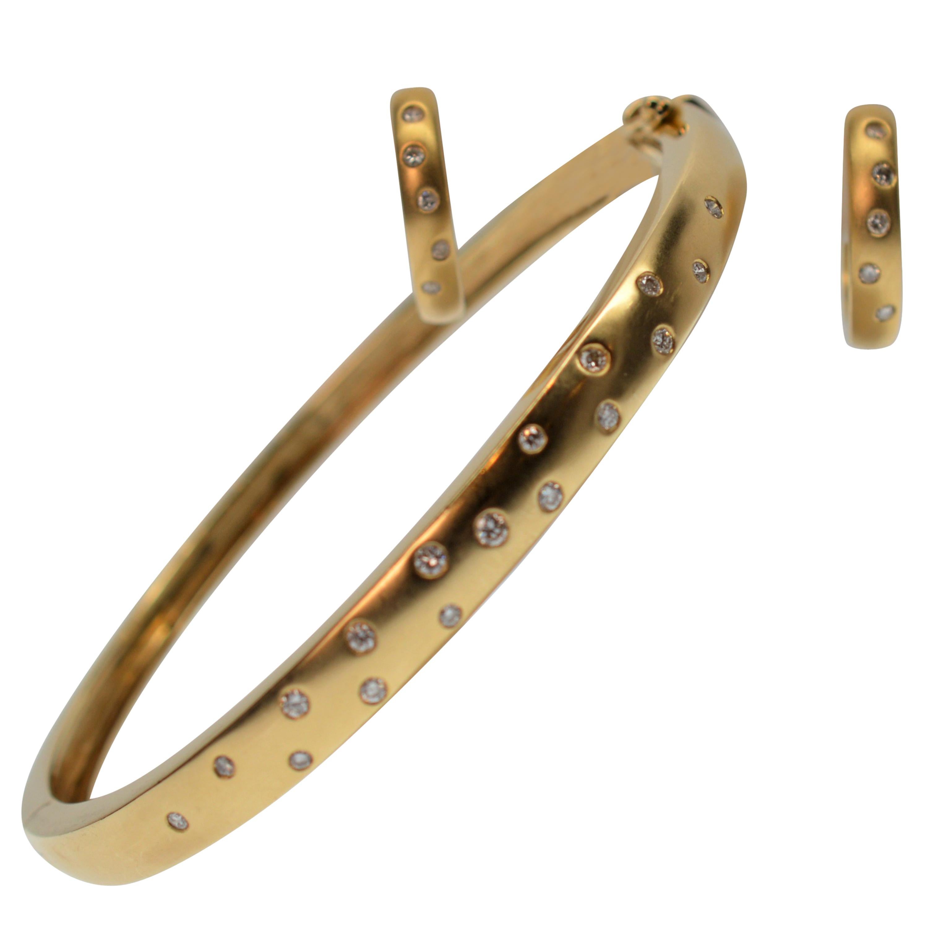 Diamond Dot 14K Yellow Gold Matte Bangle Bracelet with matching Huggie Earrings