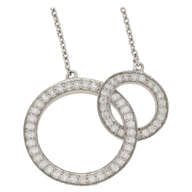 Diamond Double Circle Pendant Necklace Set in 18 Karat White Gold