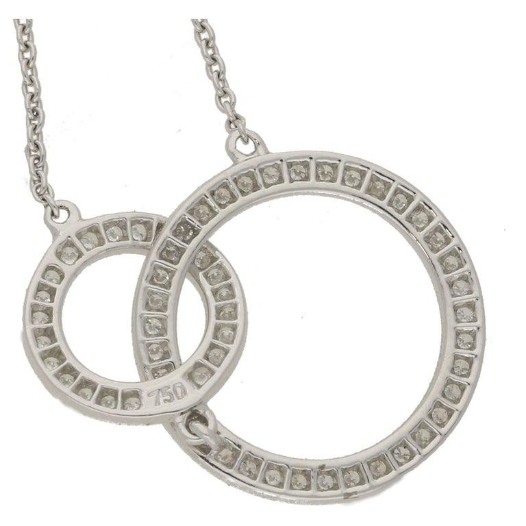 Diamond Double Circle Pendant Necklace Set in 18 Karat White Gold at