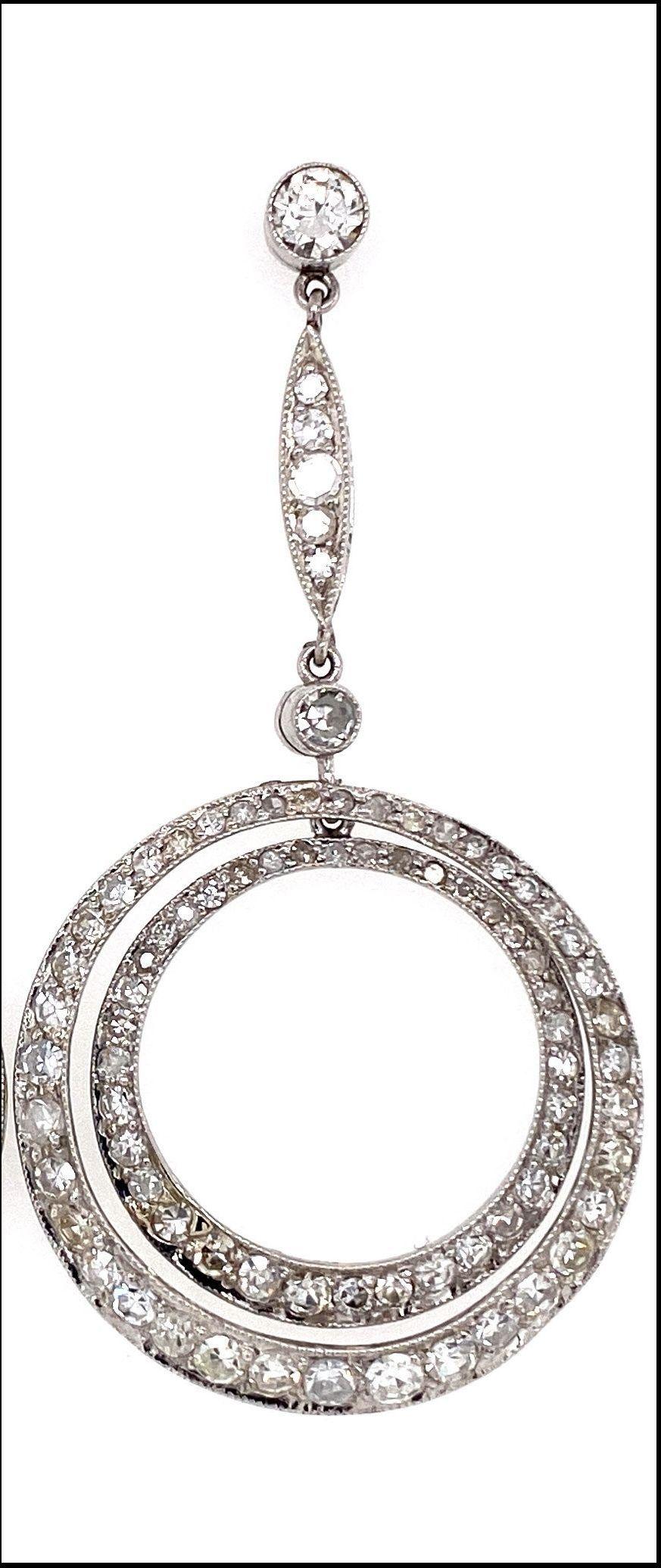 Art Deco Diamond Double Circle Platinum Drop Earrings Estate Fine Jewelry For Sale