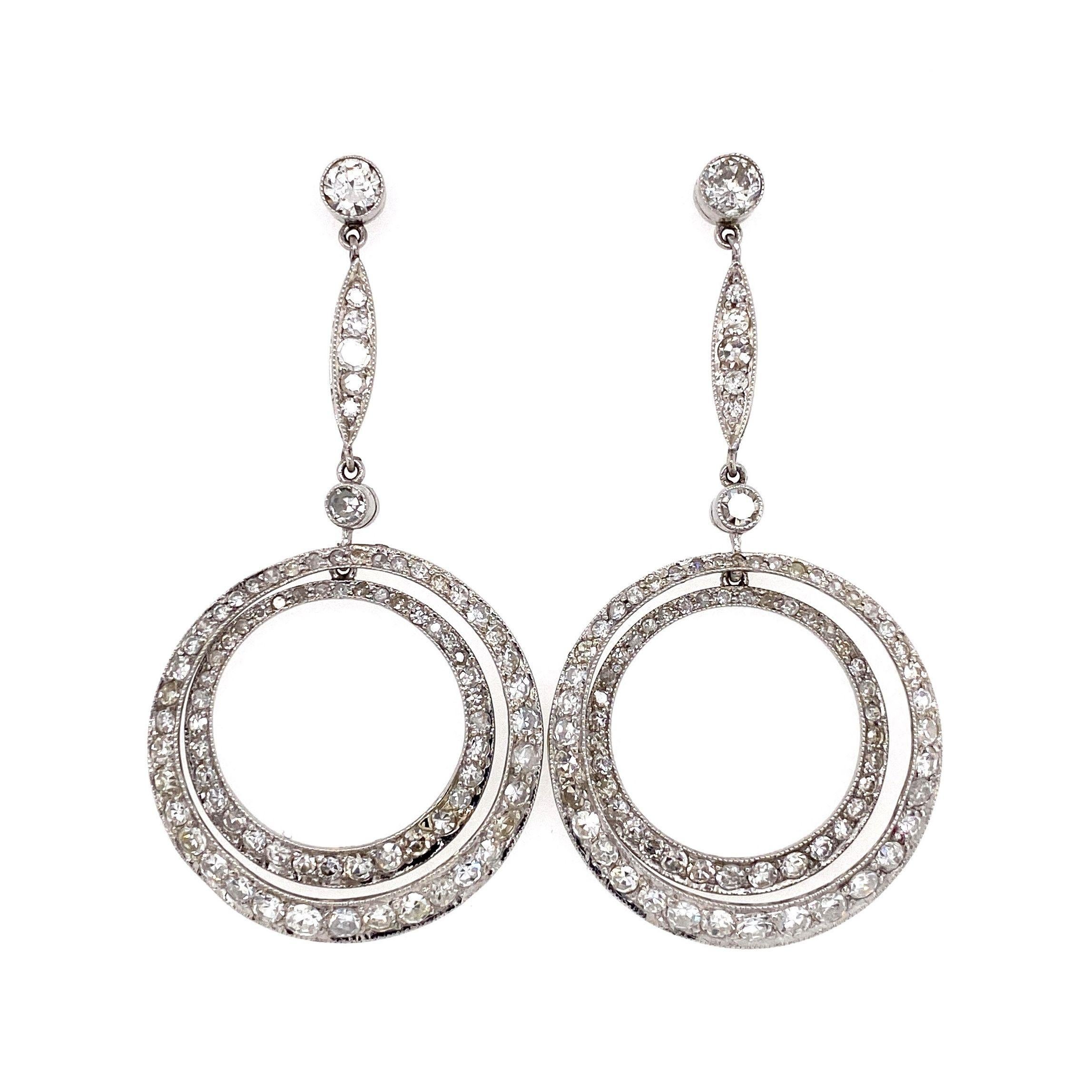 Round Cut Diamond Double Circle Platinum Drop Earrings Estate Fine Jewelry For Sale
