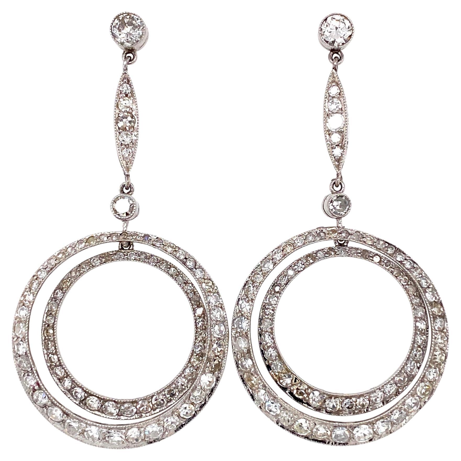 Diamond Double Circle Platinum Drop Earrings Estate Fine Jewelry For Sale