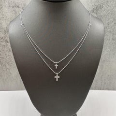 Diamond Double Cross Layering Necklace 18kt White Gold 0.20ctw New