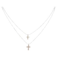 Diamond Double Cross Layering Necklace 18kt White Gold 0.20ctw New
