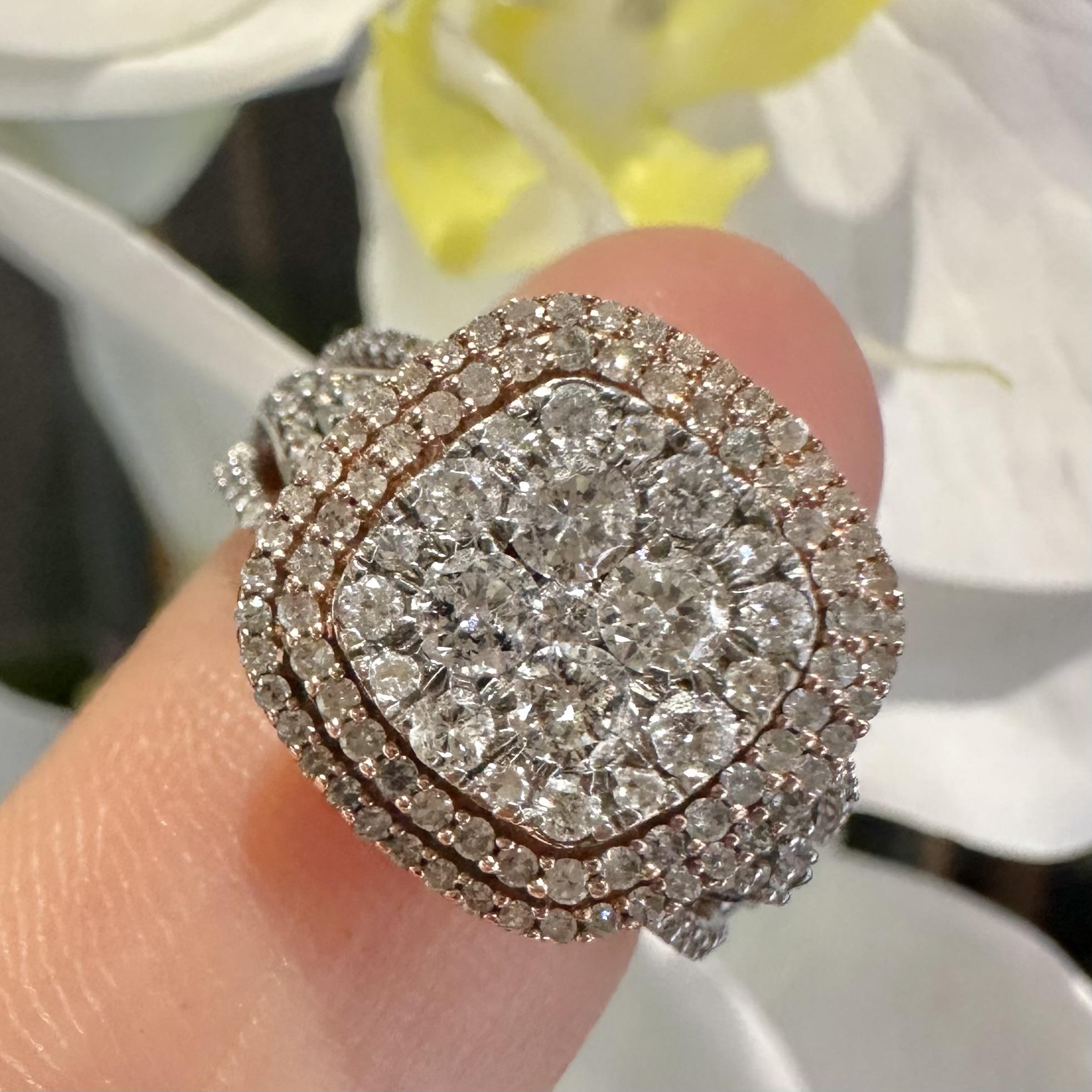 Round Cut Diamond Double Cushion Frame Split Shank Bridal Set, Rose & White Gold, Sizable For Sale