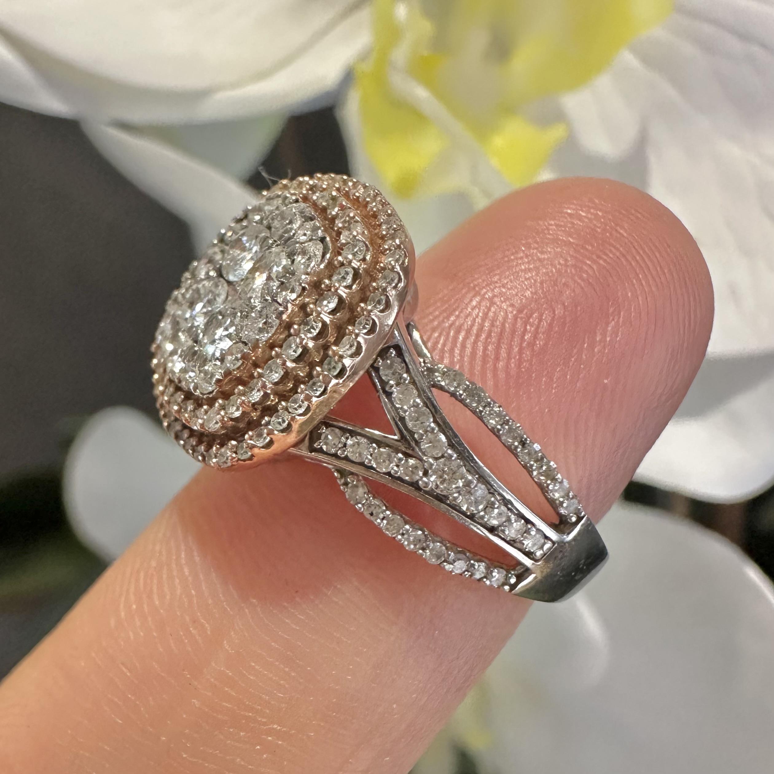 Diamond Double Cushion Frame Split Shank Bridal Set, Rose & White Gold, Sizable In Good Condition For Sale In Miami, FL
