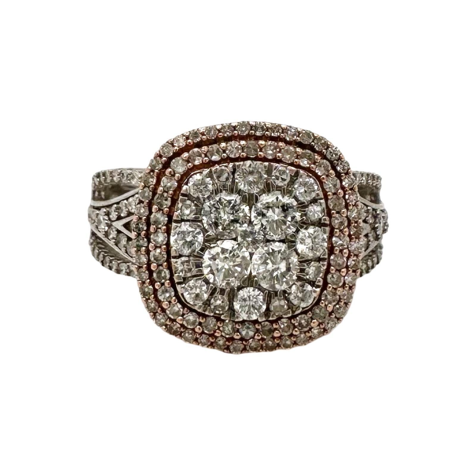 Diamond Double Cushion Frame Split Shank Bridal Set, Rose & White Gold, Sizable For Sale 1