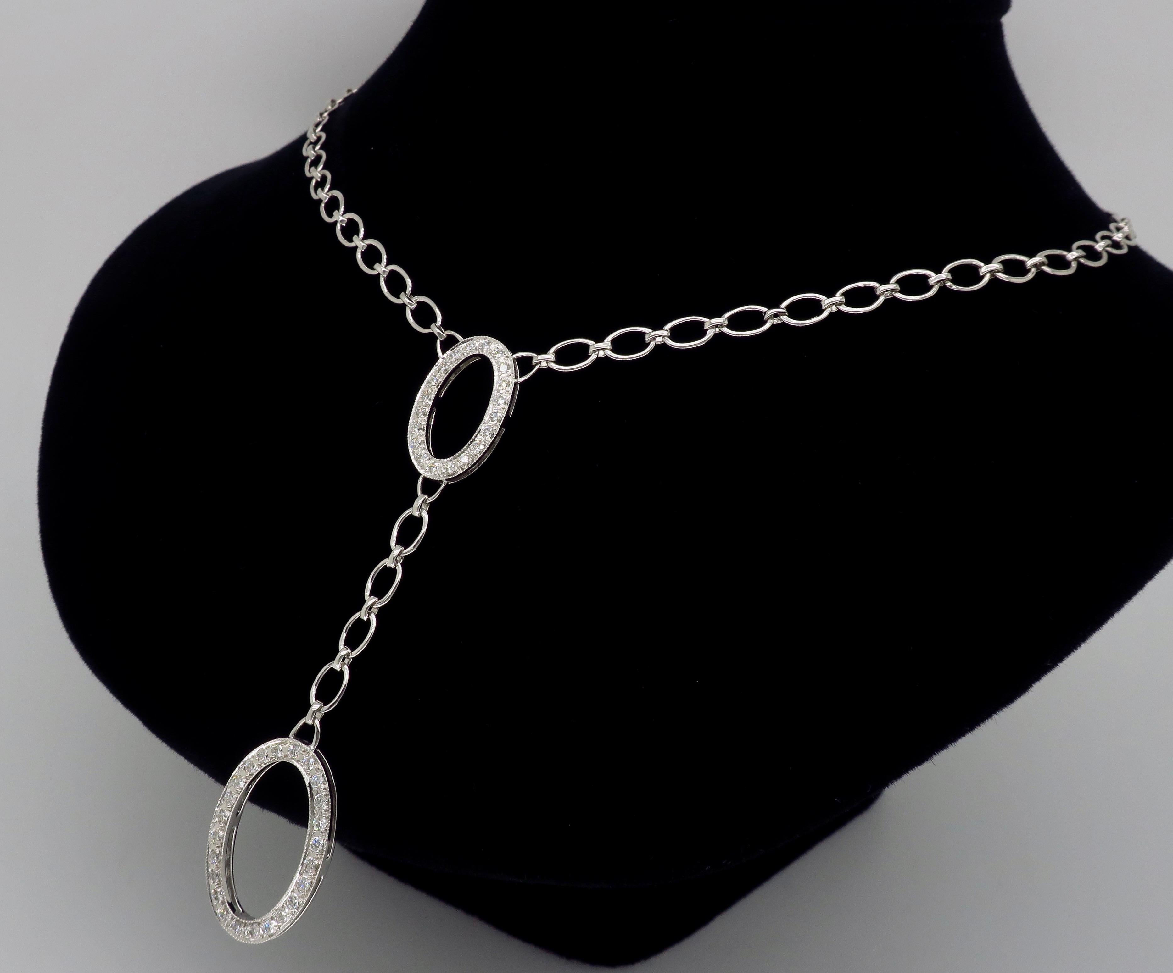 Women's or Men's Diamond Double Drop Necklace in 18 Karat White Gold For Sale