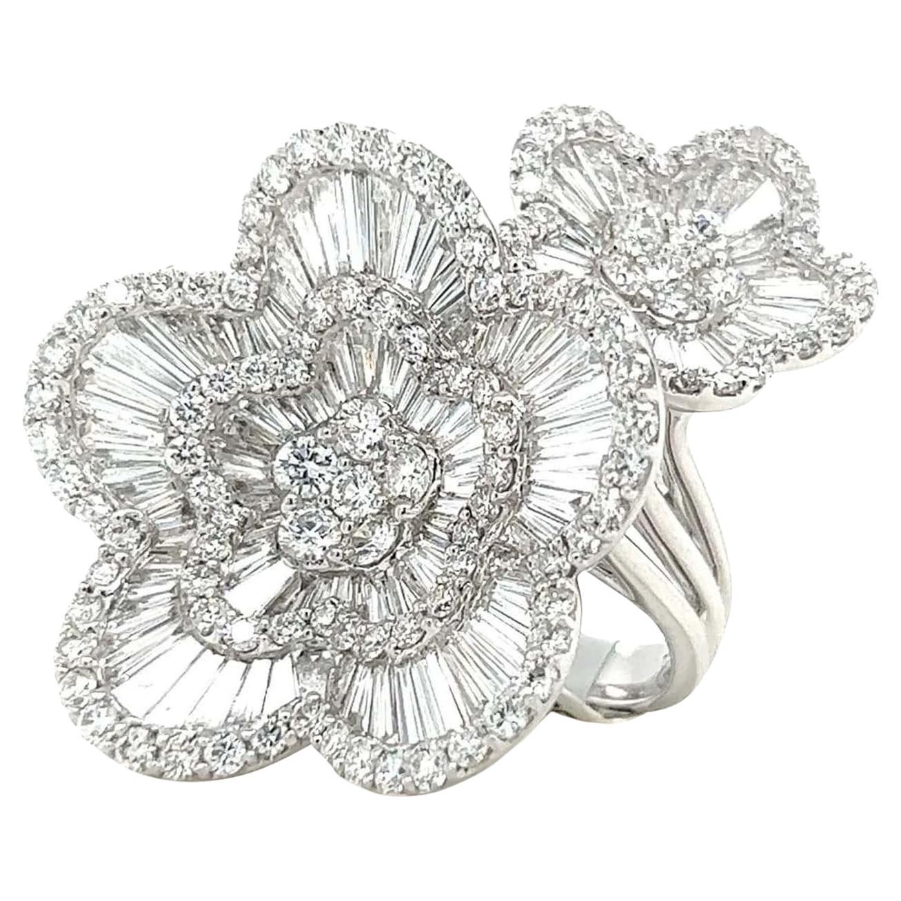 Diamond Double Flower 18K White Gold Cocktail Ring