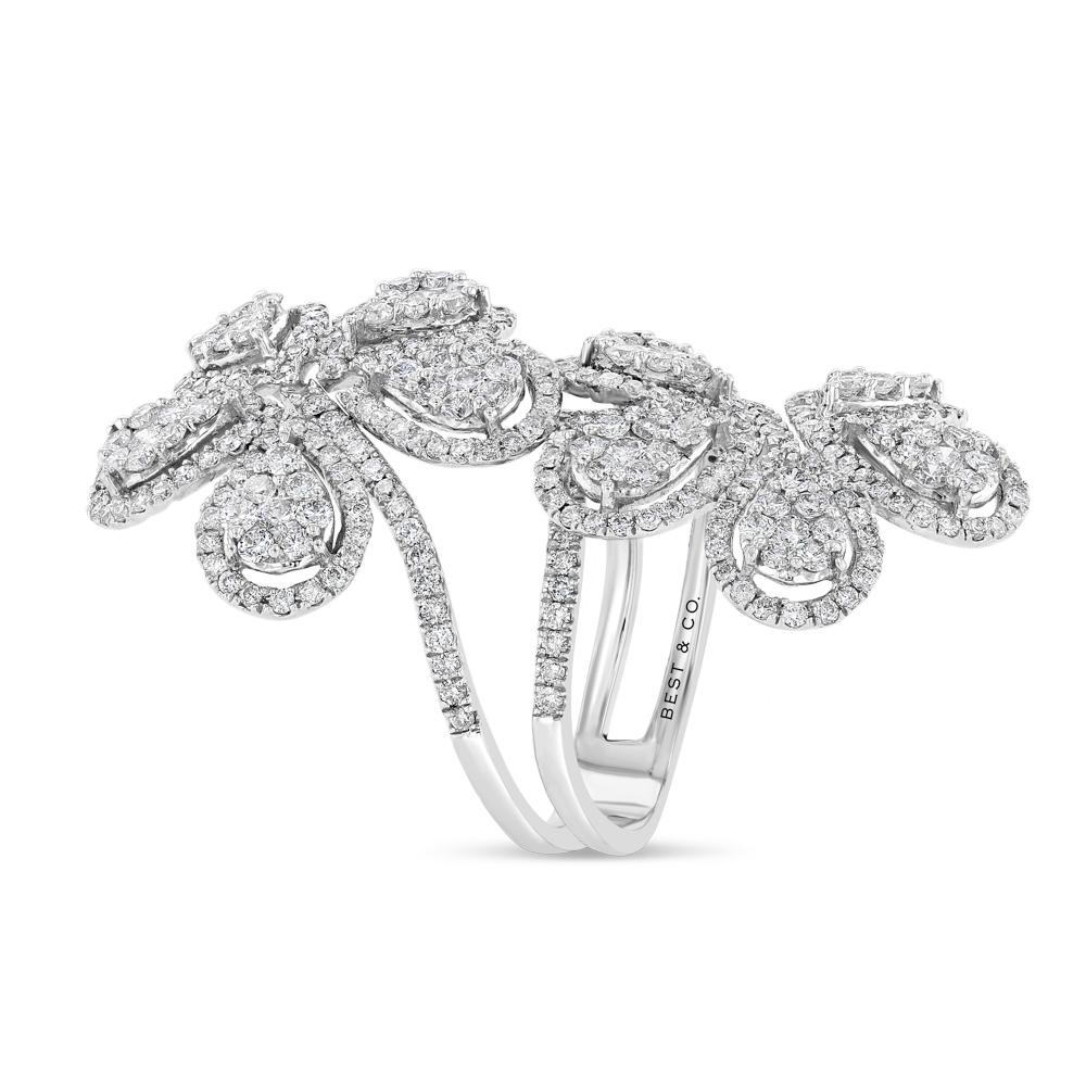 Two flowers in full, white-diamond bloom measure approximately 1 ¾ inches in length. Set in 18k white gold. (Approx. 3.2 tcw).