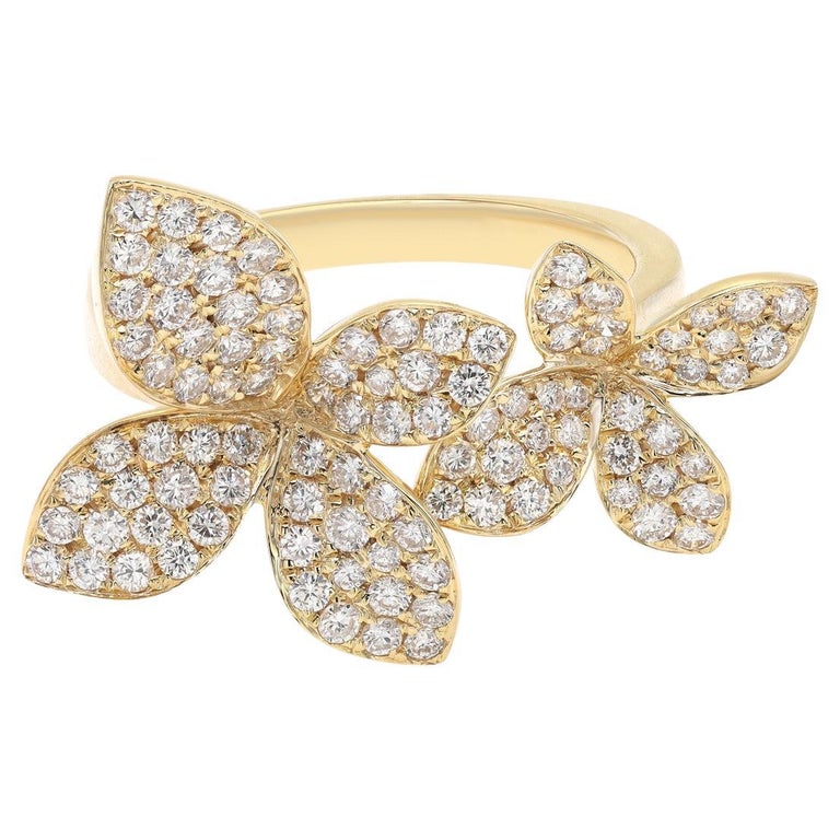 Diamond Double Flower Statement Ring in 18K Yellow Gold For Sale at 1stDibs
