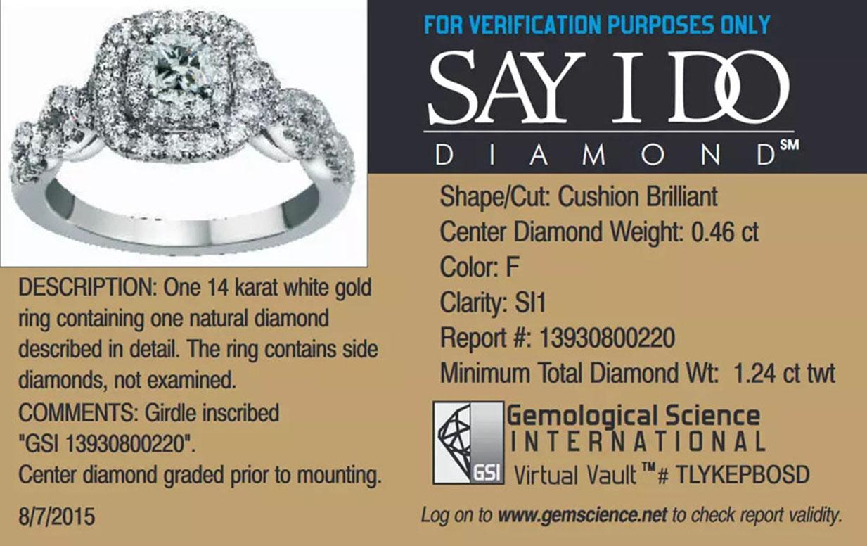 Diamond Double Halo Engagement Ring 1.33ct Cushion 14K GSI Certified Ring


Featuring a Spectacular .46ct F / SI1 Cushion Cut Natural Diamond Center

Ring is Certified by GSI

You Will Receive a Copy of the GSI Certification Not the Original

Center