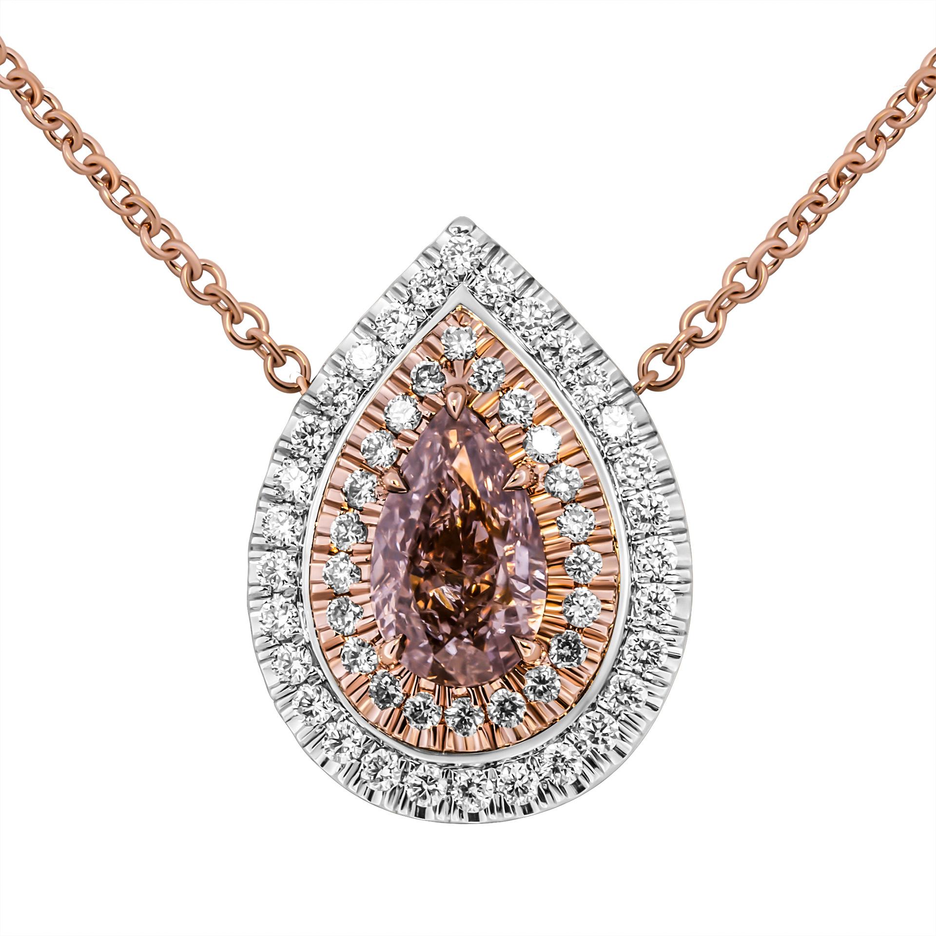 Double halo pendant in Platinum & 18K Rose Gold
Center Stone: 1.02ct Natural Fancy Pink-Brown, I2 Pear Shape Diamond GIA#1375129846 
Cable Chain 16