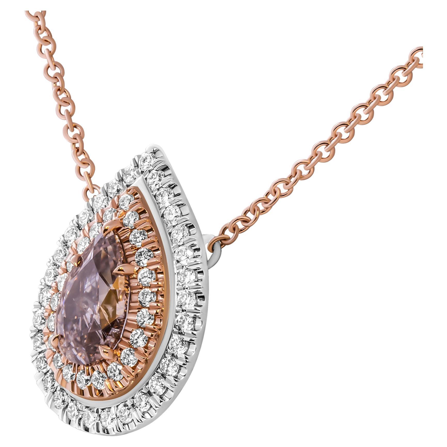 Diamond Double halo pendant with Fancy Pink Diamond For Sale