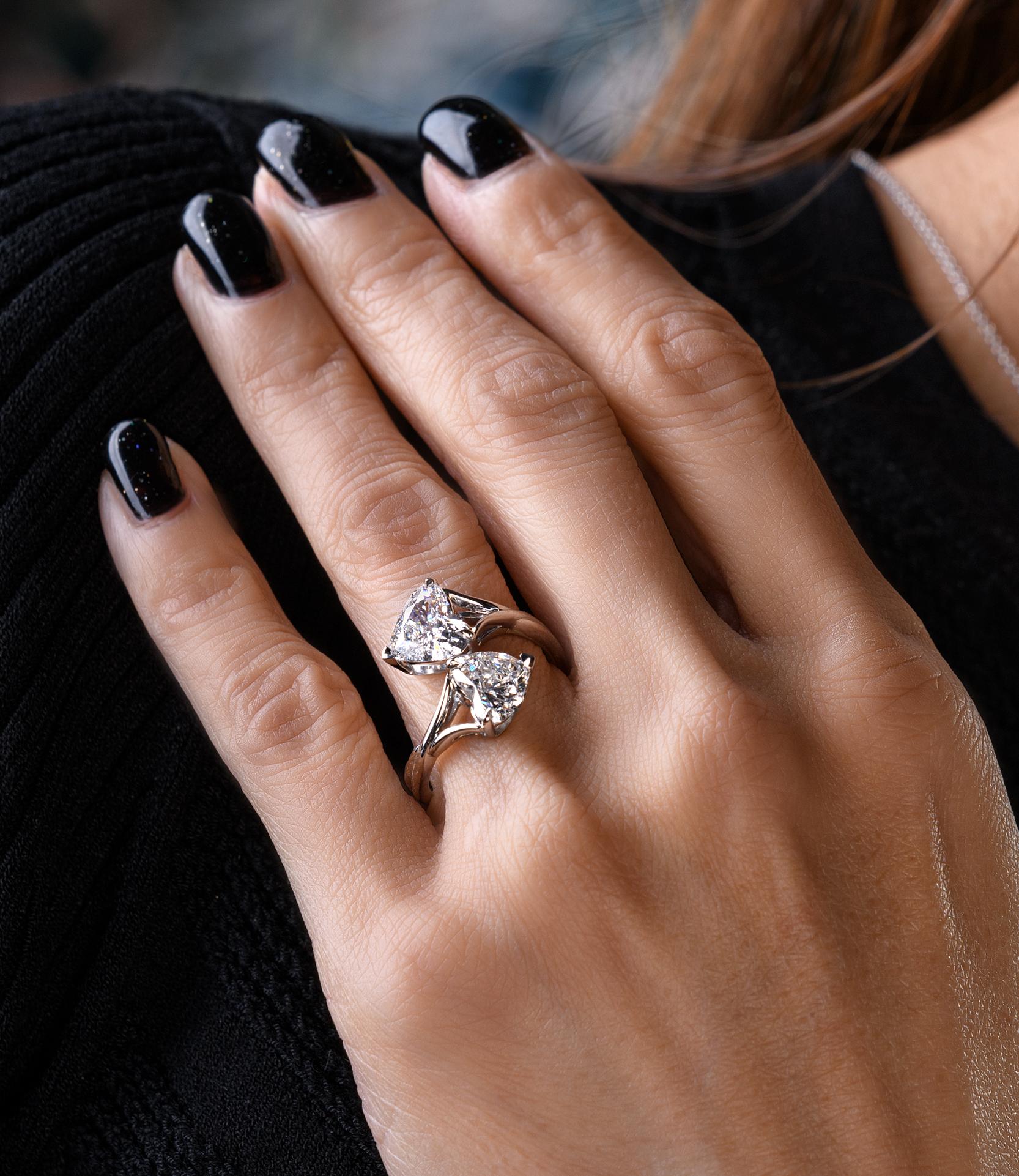 Heart Cut 1.46 and 1.25 carat Diamond Double Heart Ring For Sale