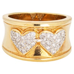 Diamond Double Heart Ring Retro 18k Yellow Gold Wide Band Sz 5 Fine Jewelry