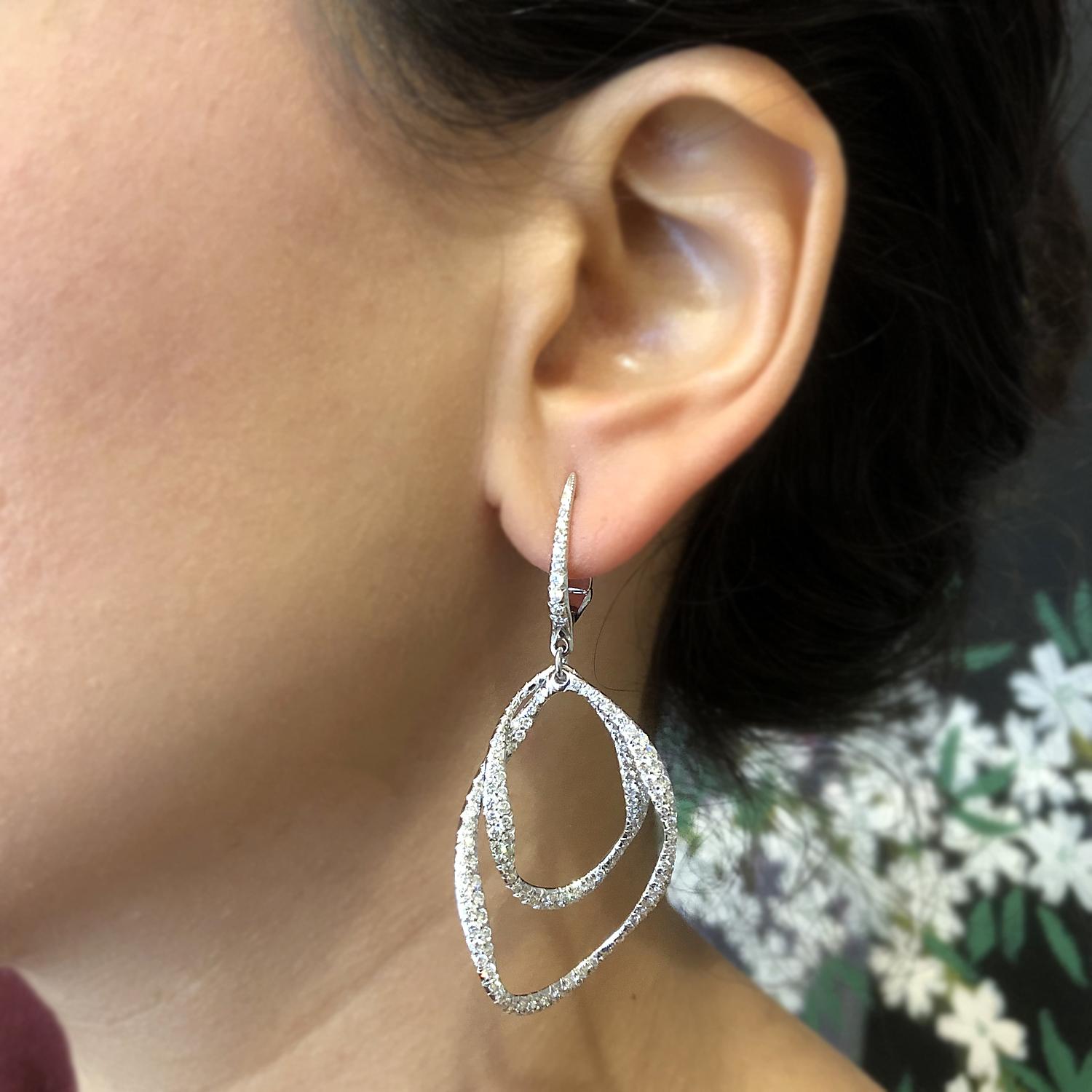 Women's Diamond Double Hoop Drop Earrings For Sale