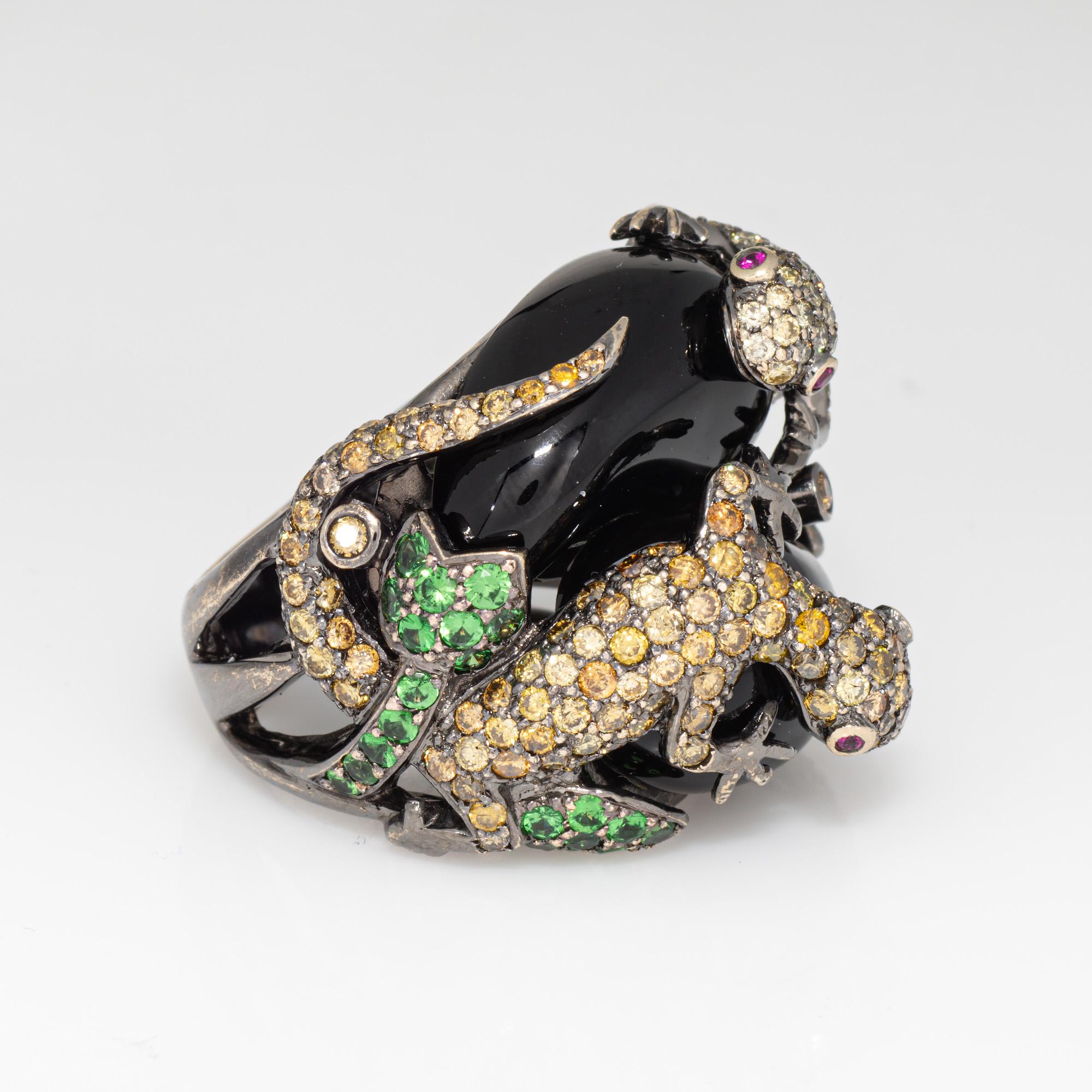 Contemporary Diamond Double Lizard Ring Sz 6.5 Estate 18k White Gold Garnet Band Jewelry