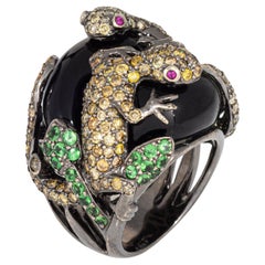 Diamond Double Lizard Ring Sz 6.5 Estate 18k White Gold Garnet Band Jewelry