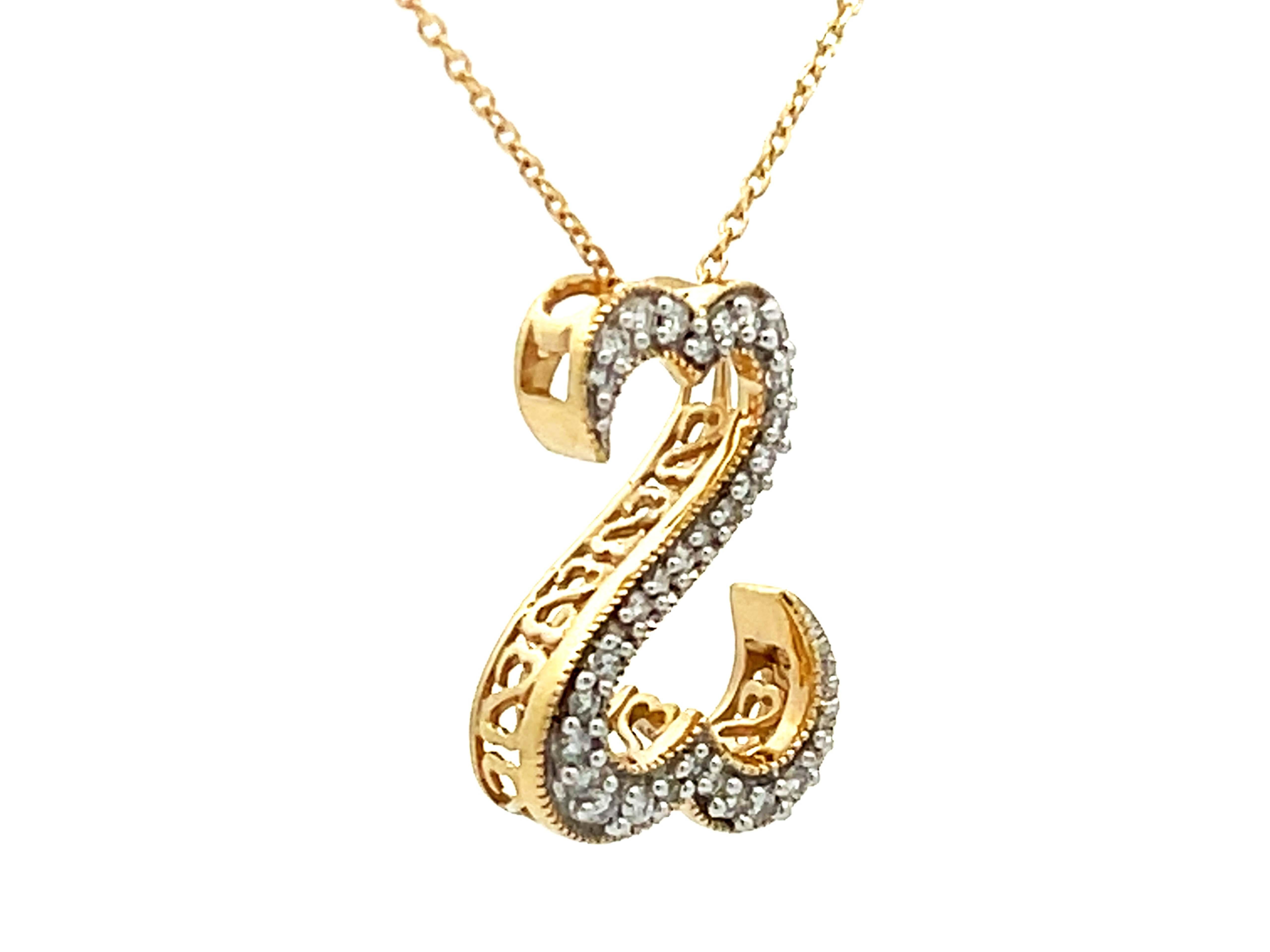 Modern Diamond Double Open Heart Necklace in 14k Yellow Gold For Sale