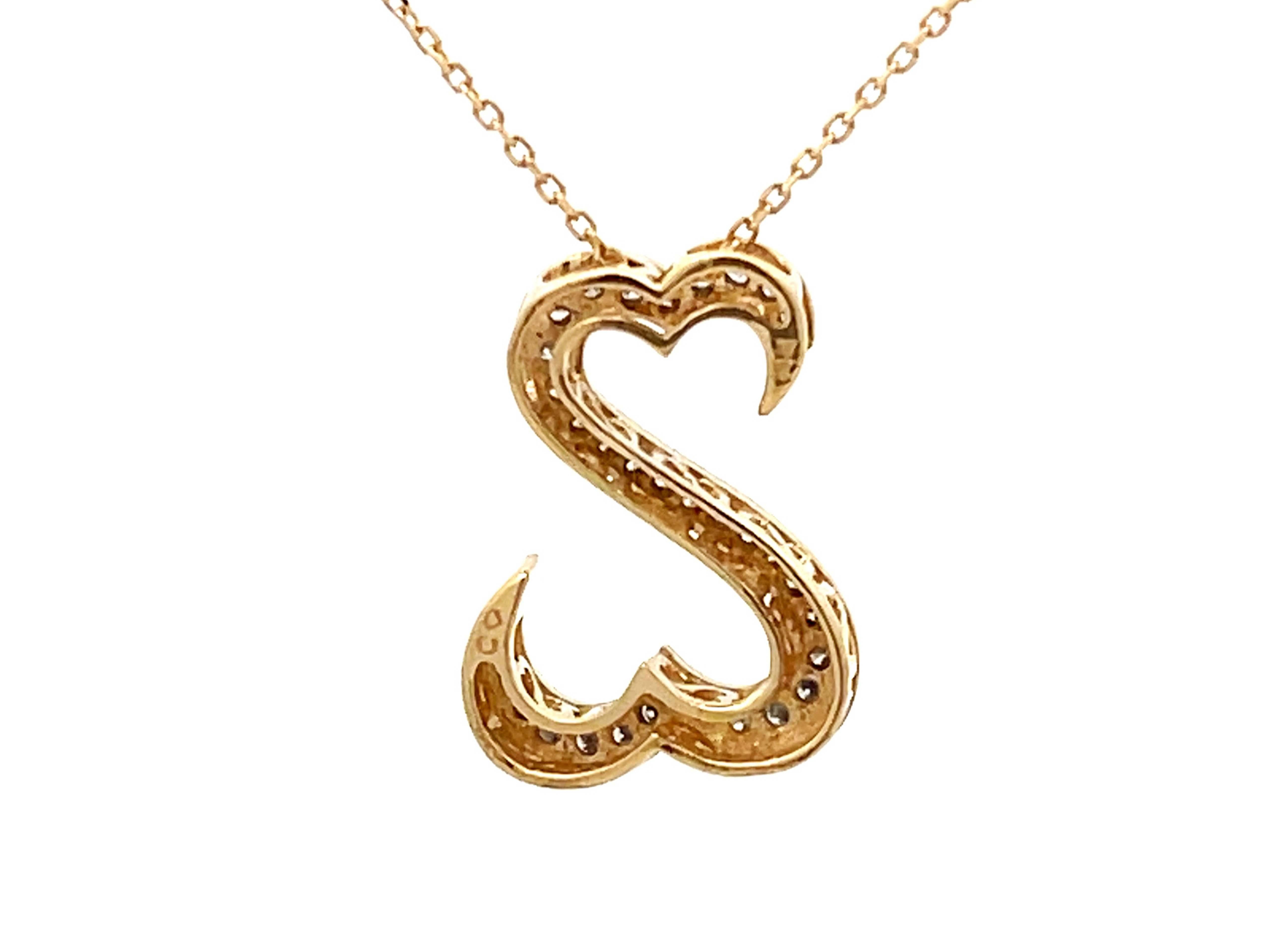 Diamond Double Open Heart Necklace in 14k Yellow Gold For Sale 1
