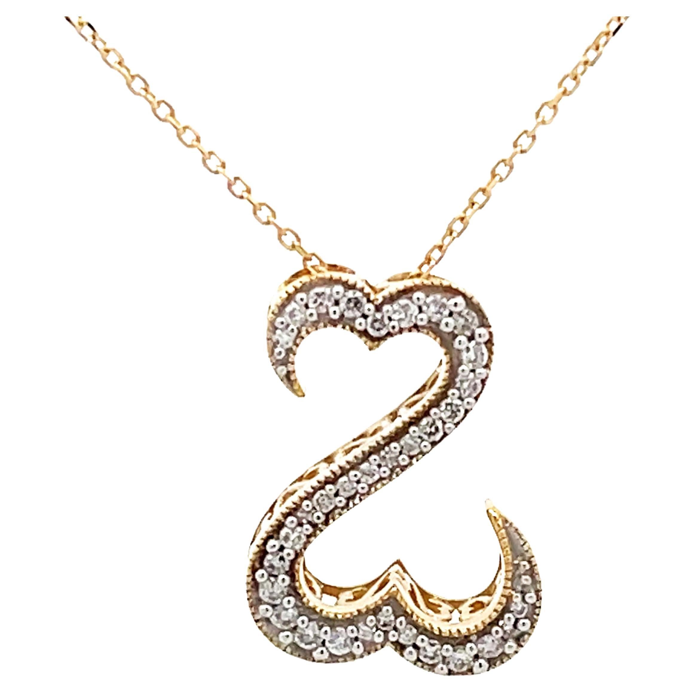 Diamant-Halskette mit doppeltem offenem Herz aus 14 Karat Gelbgold im Angebot