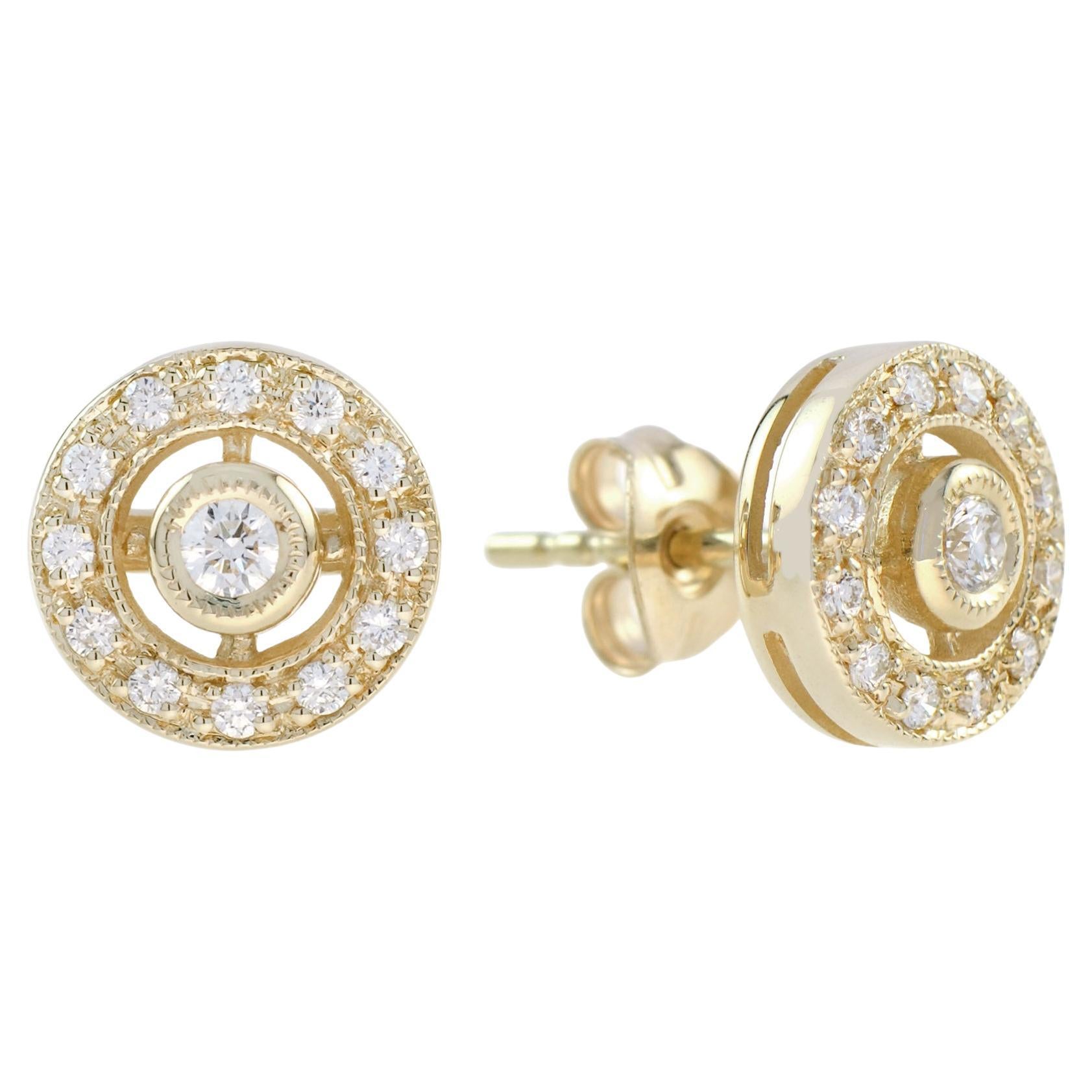 Diamond Double Round Target Halo Set Stud 14K Yellow Gold Earrings