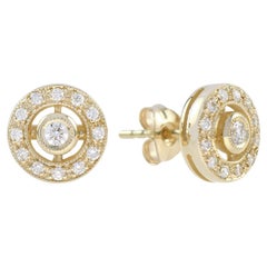 Diamond Double Round Target Halo Set Stud 14K Yellow Gold Earrings