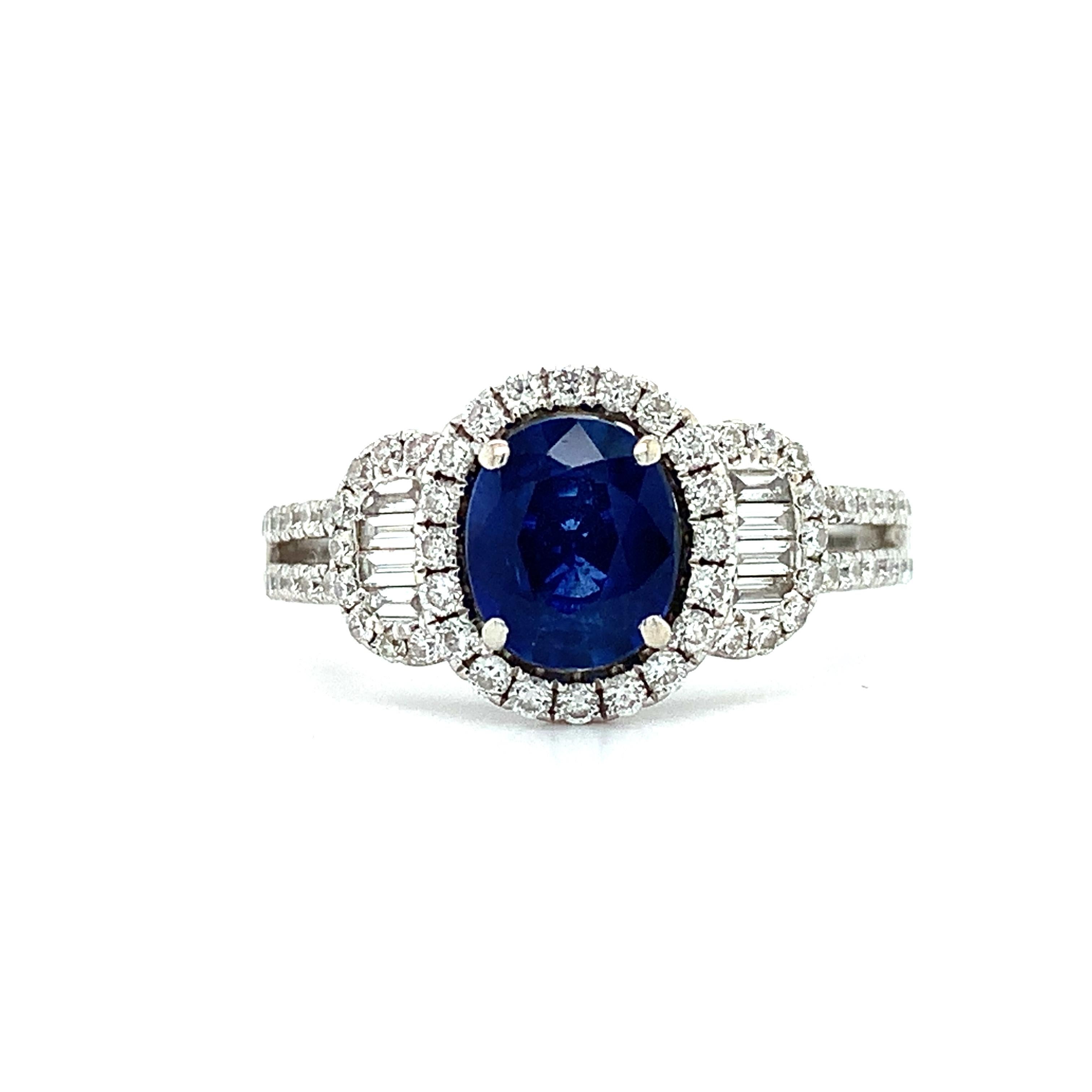Oval Cut Royal sapphire diamond halo art deco cocktail ring 18k white gold For Sale