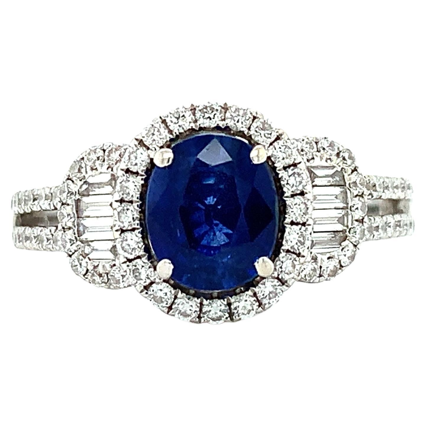 Royal sapphire diamond halo art deco cocktail ring 18k white gold