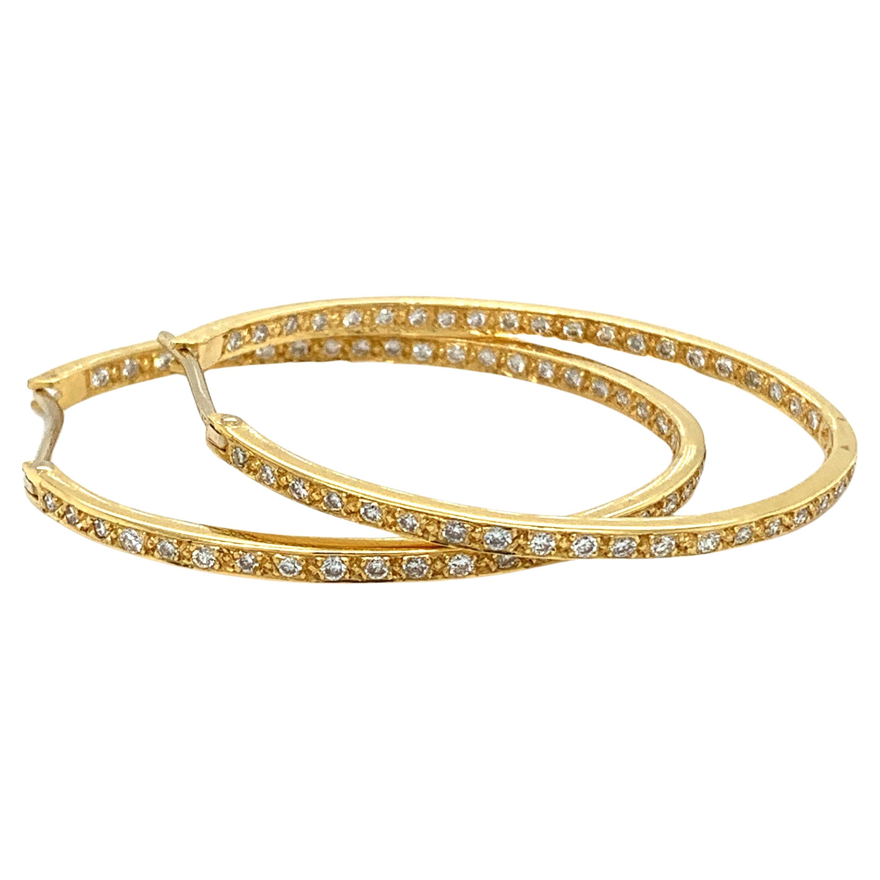 Diamond double side large hoop earrings 18k yellow gold For Sale