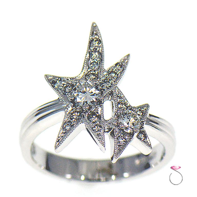 Diamond Double Star Cocktail Ring, 0.60 Carat G, VS 18 Karat White Gold Ring In Excellent Condition In Honolulu, HI