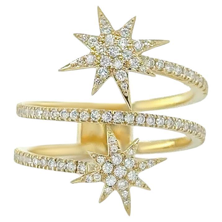 Diamond Double Star Ring 93 Diamonds 14K Yellow Gold For Sale