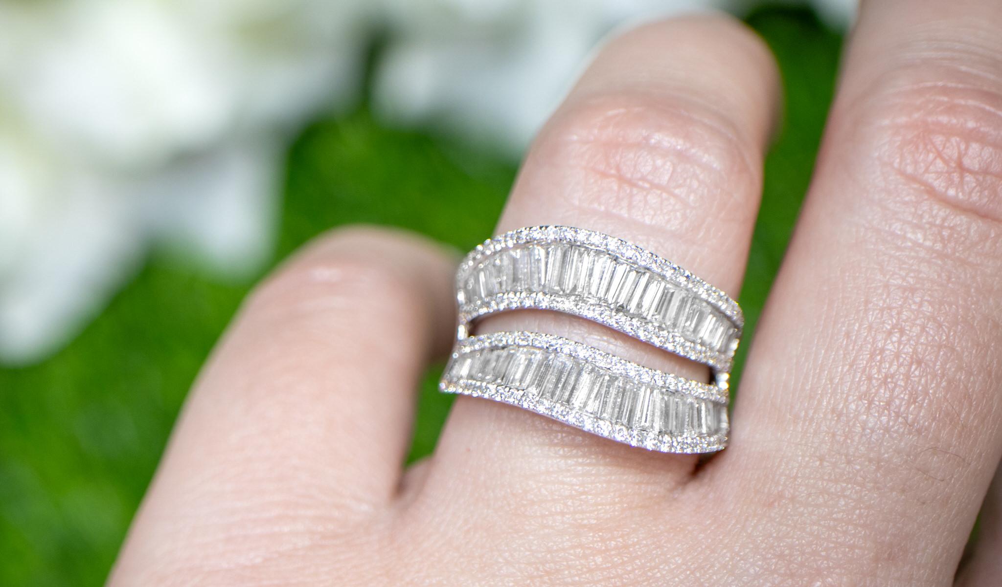 Baguette Cut Diamond Double Wave Ring Baguette and Round 2.27 Carats 18K White Gold For Sale