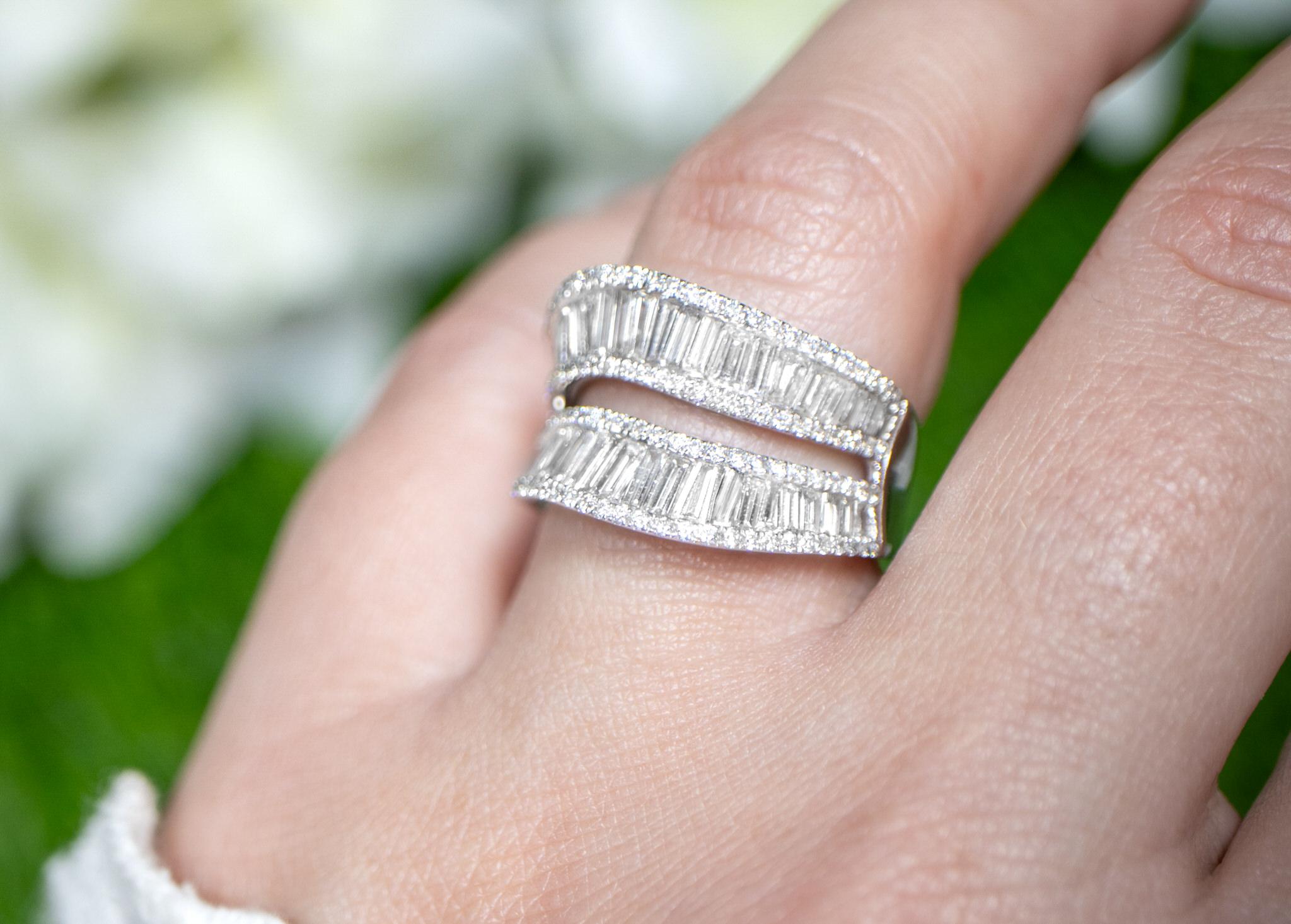 Diamond Double Wave Ring Baguette and Round 2.27 Carats 18K White Gold In Excellent Condition For Sale In Laguna Niguel, CA