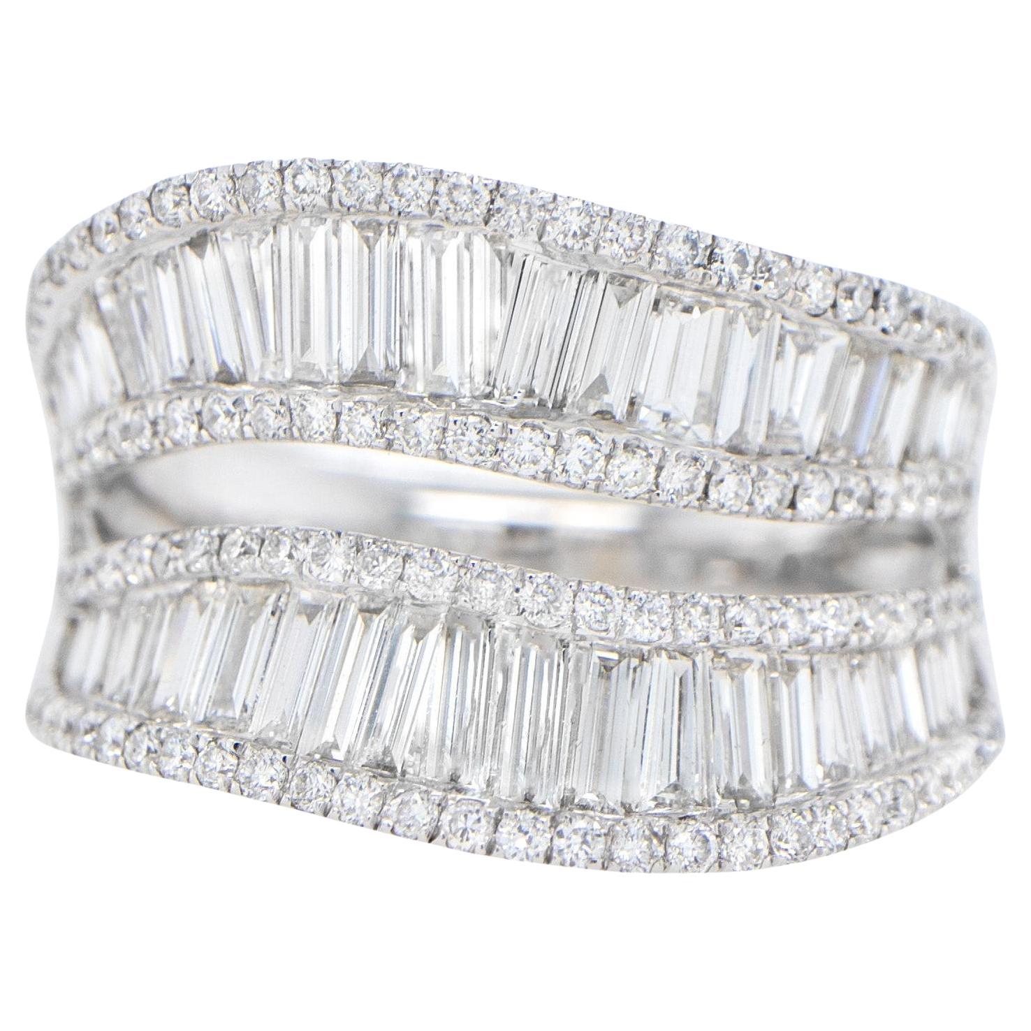 Diamond Double Wave Ring Baguette and Round 2.27 Carats 18K White Gold For Sale