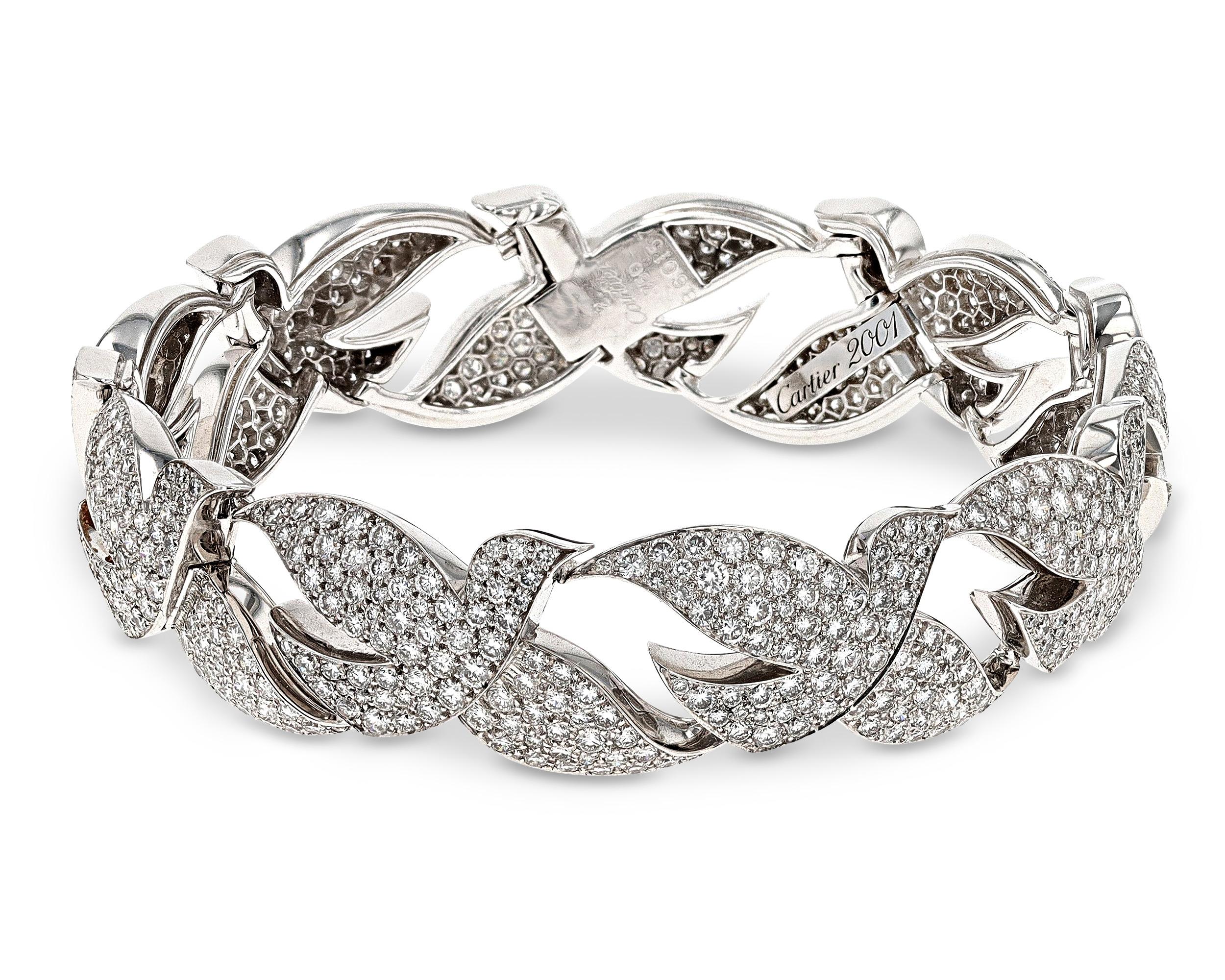 Taking the form of a string of peaceful doves spreading their wings across the wearer’s wrist, this unique bracelet was crafted by the inimitable Cartier. The birds are studded with approximately 12.00 carats of sparkling white diamonds set in chic