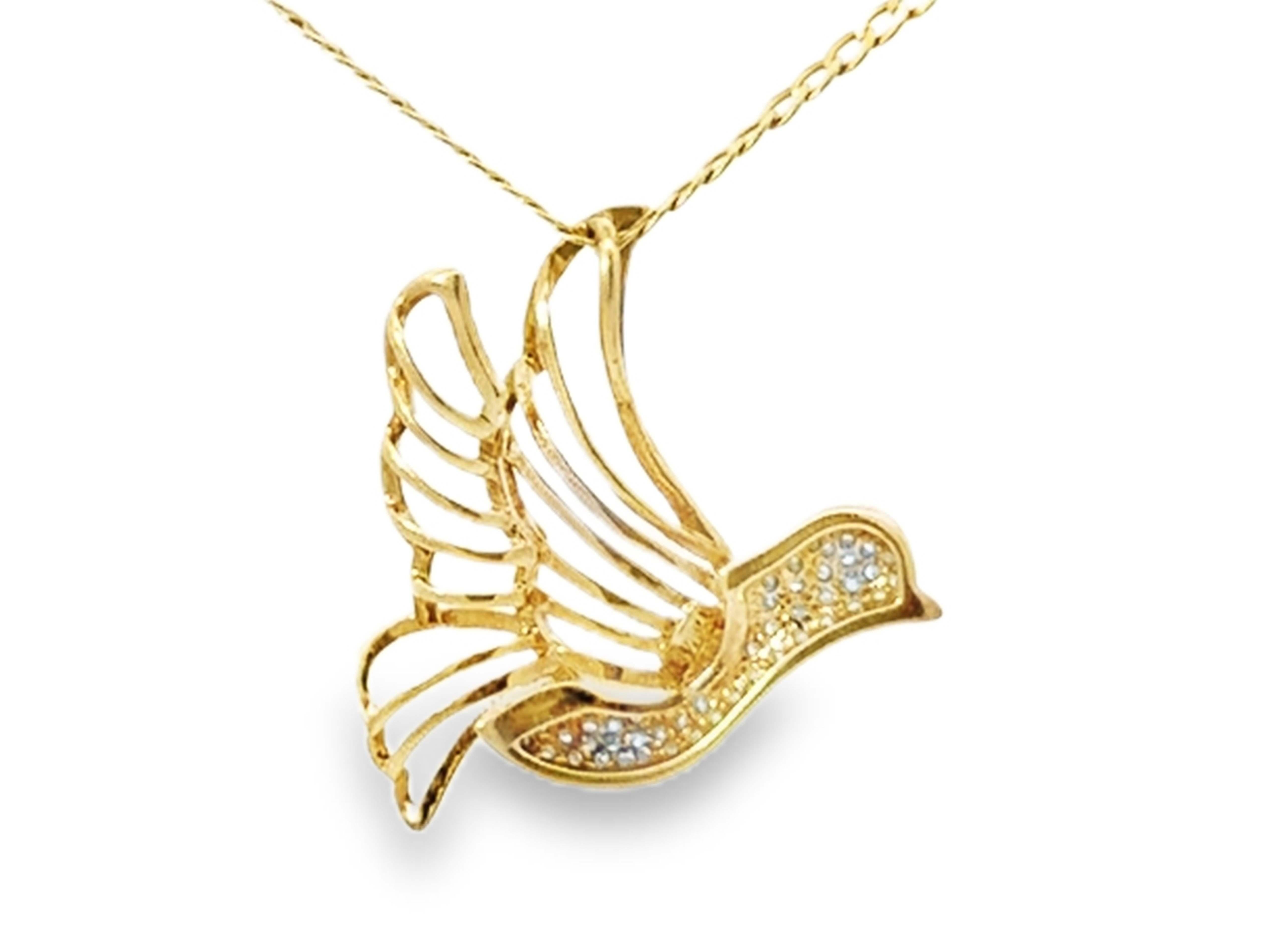 Pendentif colombe en diamant et chaîne en or jaune 14K en vente 1