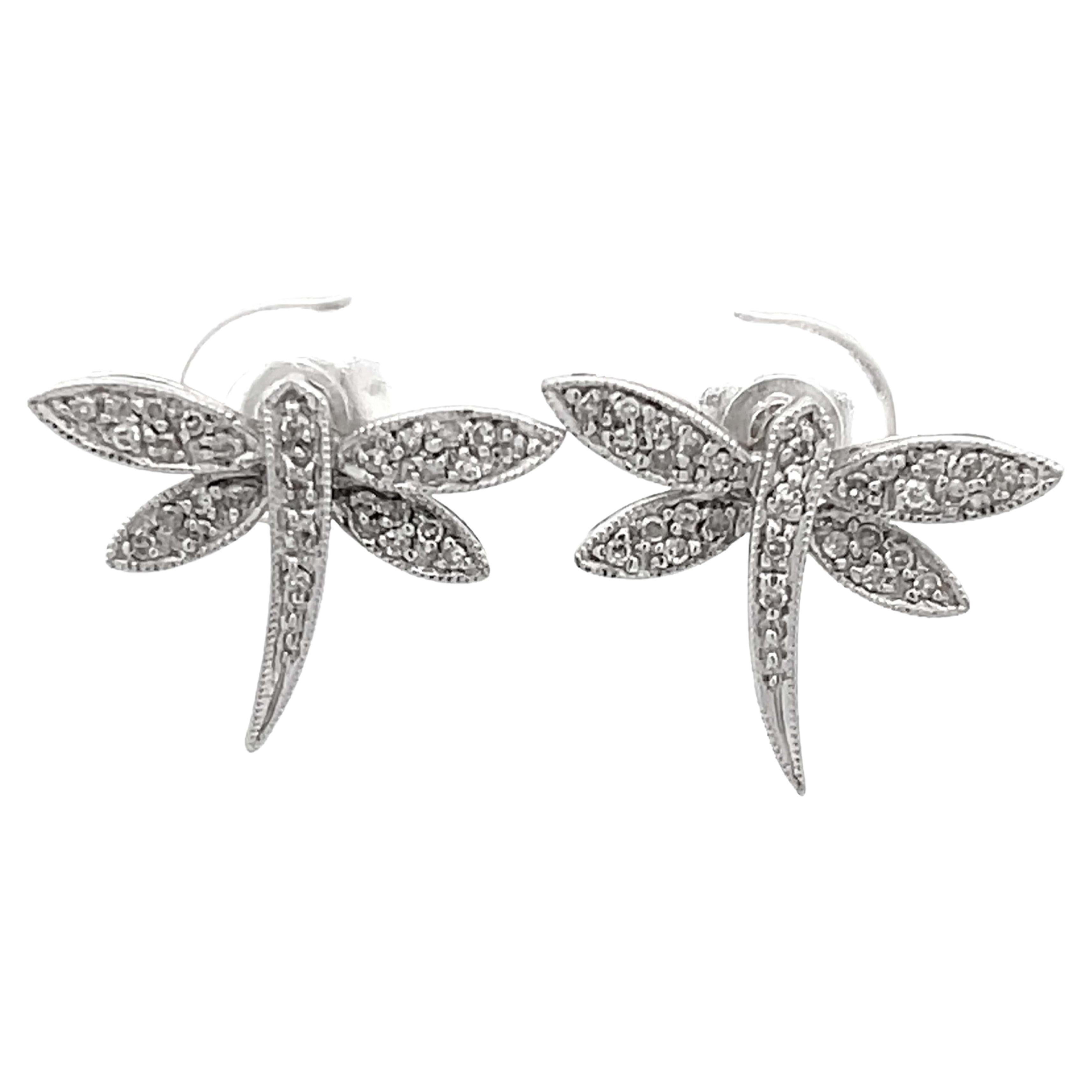 Diamond Dragonfly Earrings in 14k White Gold For Sale