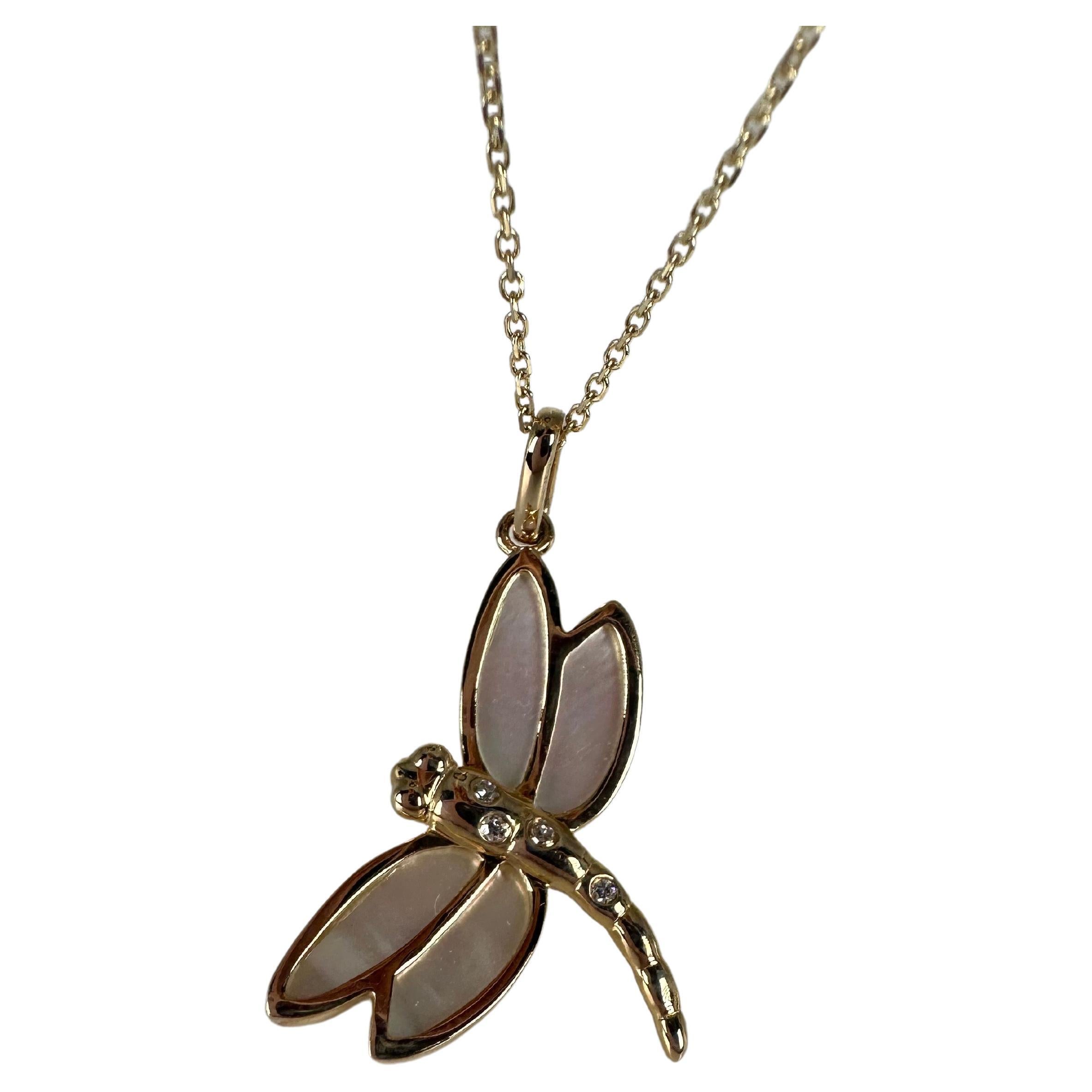 Diamond dragonfly pendant necklace 14KT gold  For Sale