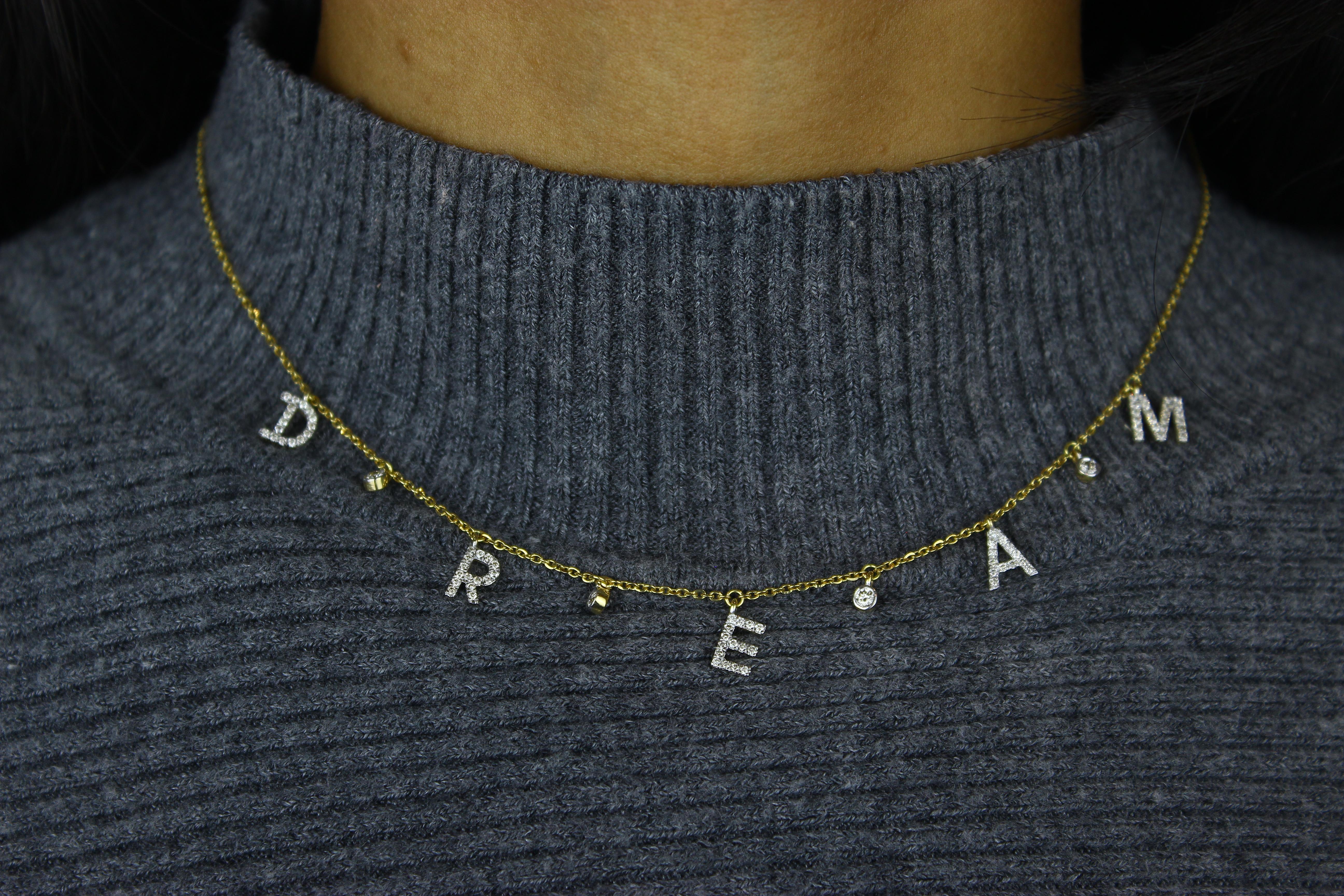 Women's Diamond Dream Letters Necklace in 18k Solid Gold For Sale