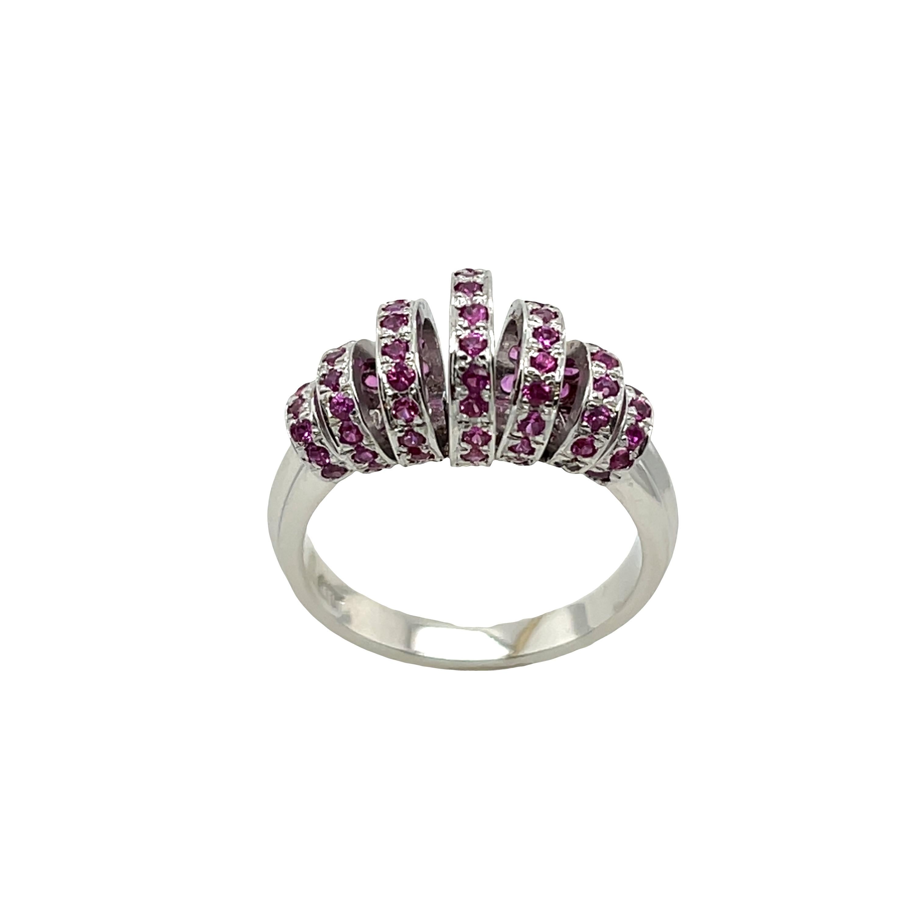 A delicate and timeless piece, this elegant ring 
is crafted from 18ct white gold and 
set with natural round pink sapphires. 
Perfect for everyday elegance or as a minimalist stacking ring.

Width of Band: 2.90mm
Width of Head: 9.32mm
Length of